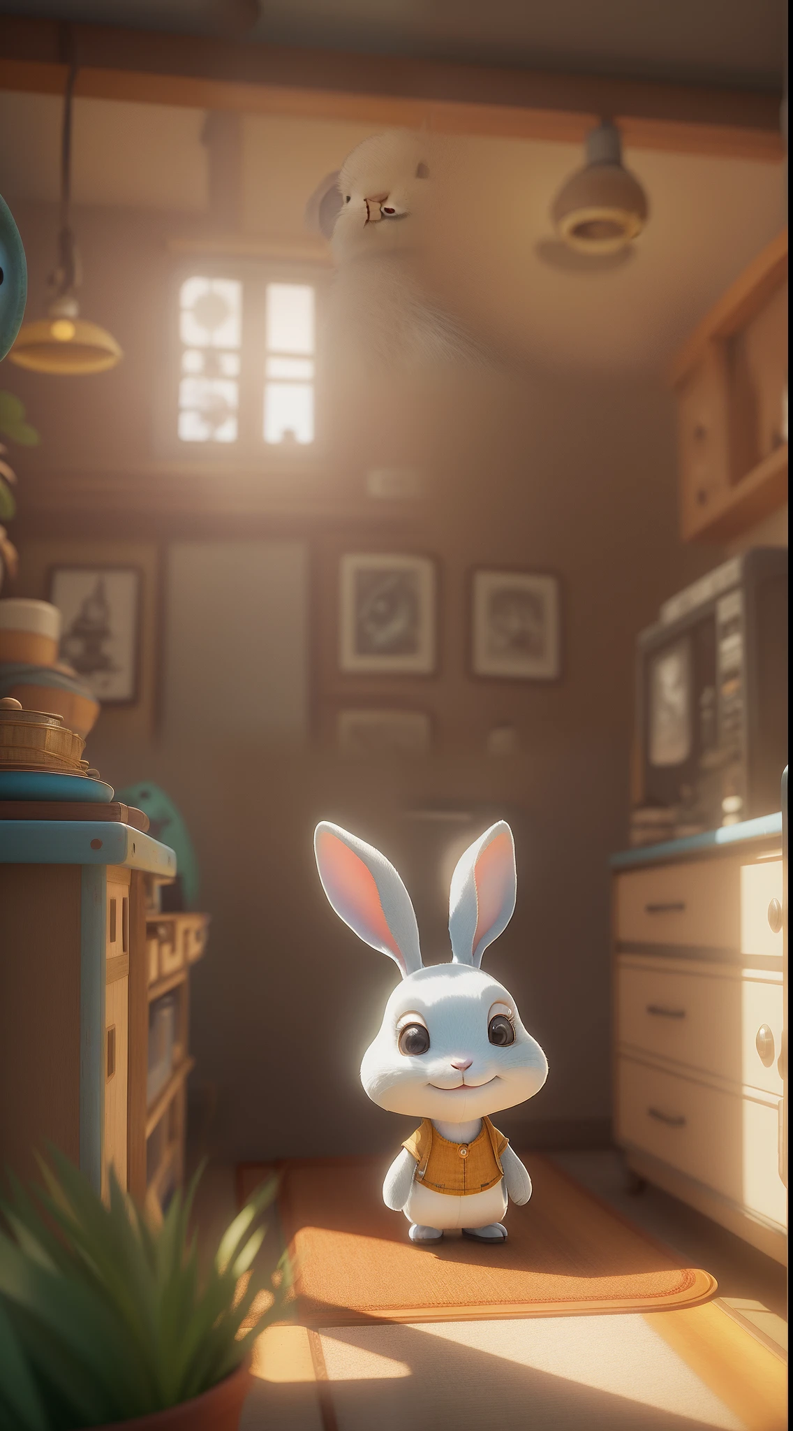 The cute little bunny waved and smiled in greeting me, Faraway view,illusory engine, cozy indoor lighting, Art Station, Detailed digital painting, Cinematic, character design:Mark Reiden、Pixar and Hayao Miyazaki, Unreal 5, daz, Ultra photo realsisim, rendering by octane