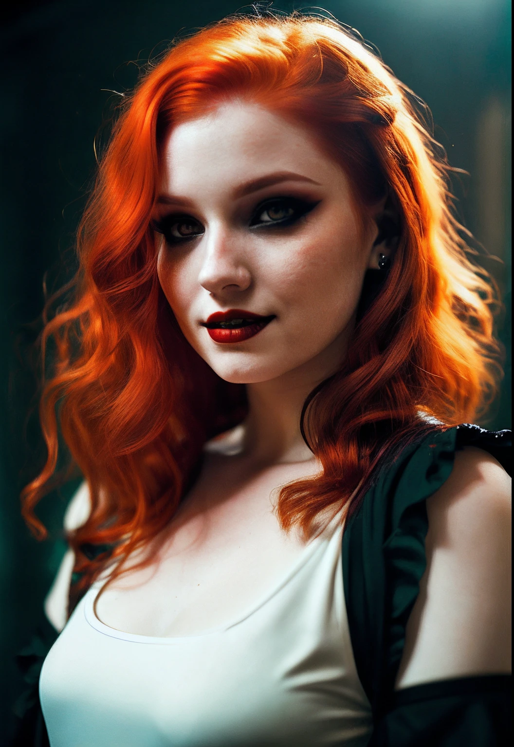 A red-haired woman with orange hues and cascading hair with pale skin and vampire features wearing a bulky, roupa de vinil decotada, , Gothic and dark and very heavy makeup looking at the camera in a dark background room and a light reflects on her face, She's standing and smiling and her lips pulled back and her vampire fangs appearing

3D RENDERING, cinematic red lighting, REALISTA

-V5.2-Q5 AR 9:16-S 500 ZOOM 15X)