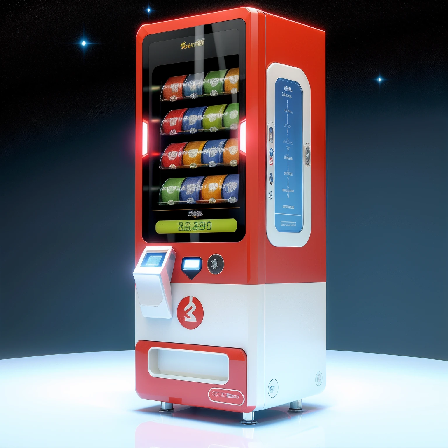 A close-up showing the Mark VI's two-color sphere，For example，Star support material assembly，vending machines，sci-fi vending machine，3D product render，Some are more specific, Descriptive scenarios may appear on the computer，por exemplo, Someone went to an automatic lottery vending machine and bought a welfare lottery ticket，etc，Or describe the scene where something is purchased，Stylistic references attract attention，applied，Represents fashionability，Elements with a strong visual sense，There are reasonable ones on the fuselage, A contextual description of the style element, etc，The overall color is mainly white，Bold red，Color distribution is 50 each%,Wish there were more elements，The elements are more diverse，Fewer colors，There are no portraits on the machine，or role，The color is lighter，money，Gold coins and lottery tickets have slightly more elements，The design is a little stronger，Two-dimensional points，Simple and fresh，Childish，Probably a bit dreamy
