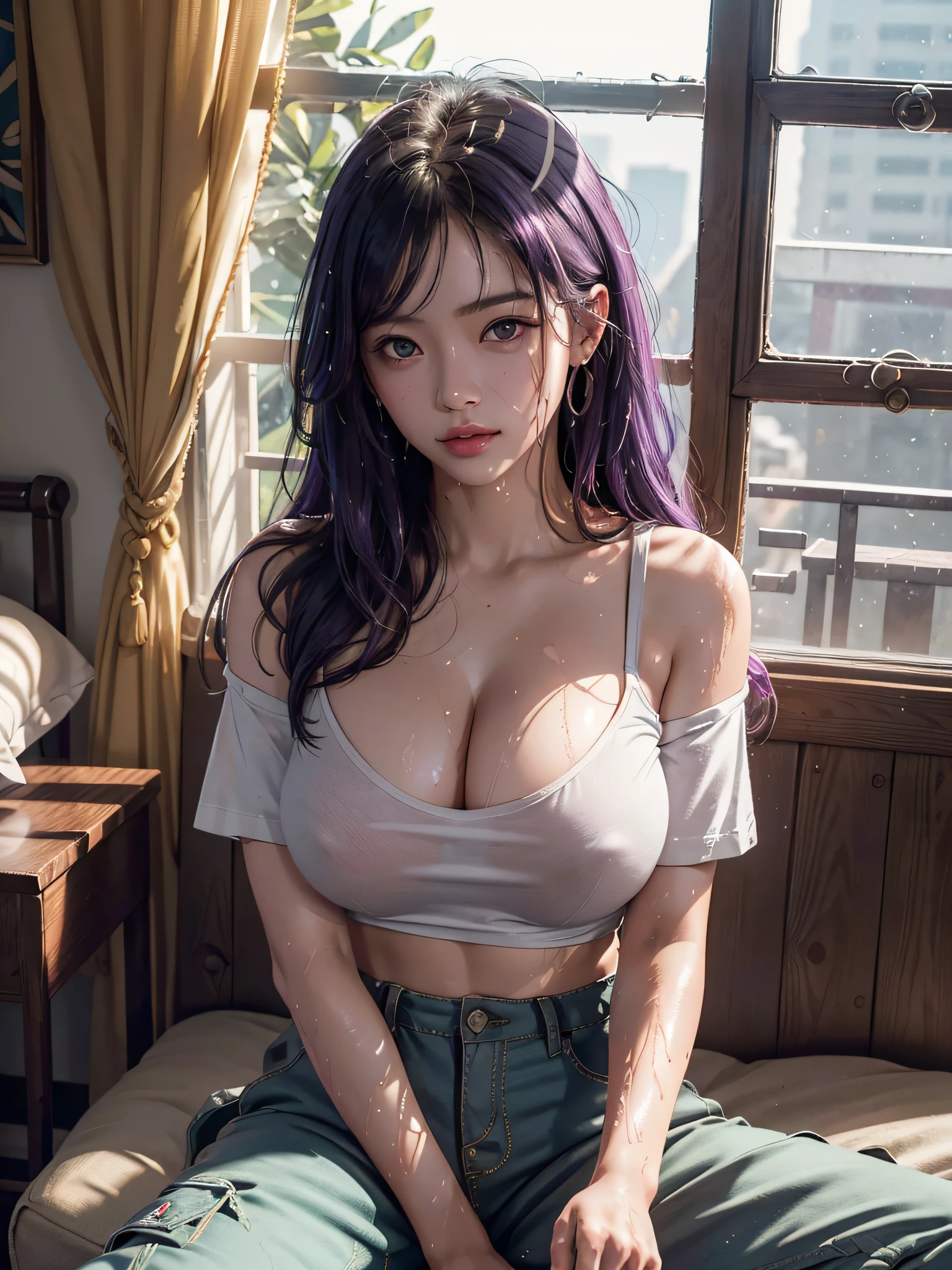 8k、RAW Photos、top-quality、masterpiece:1.2)、(realisitic、Photorealsitic:1.37)、1girl in、japanese、25-years old、female、(deep in the night)、Sunlight、a room,Day cityscape seen fron the window、Studio Lighting、face lights、photon maping、Radio City、Purple hair、Detailed face、Detailed lips、detailedeyes、More skin、Double eyelids、(huge tit:1.3)、(T-shirt、jpn)、(T-shirt and Cargo pant)、(Wearing T shirt and cargo pant)、(((no brassiere)))、Exposed cleavage、exposed shoulder、Thigh exposure、(cammel toe)、perfectbody、shinny skin、(Body wet with sweat:1.2)、smirking face、((Sit up))、cowboy shot、Make eye contact with the camera,background camera lens blur,depth of field,35 mm