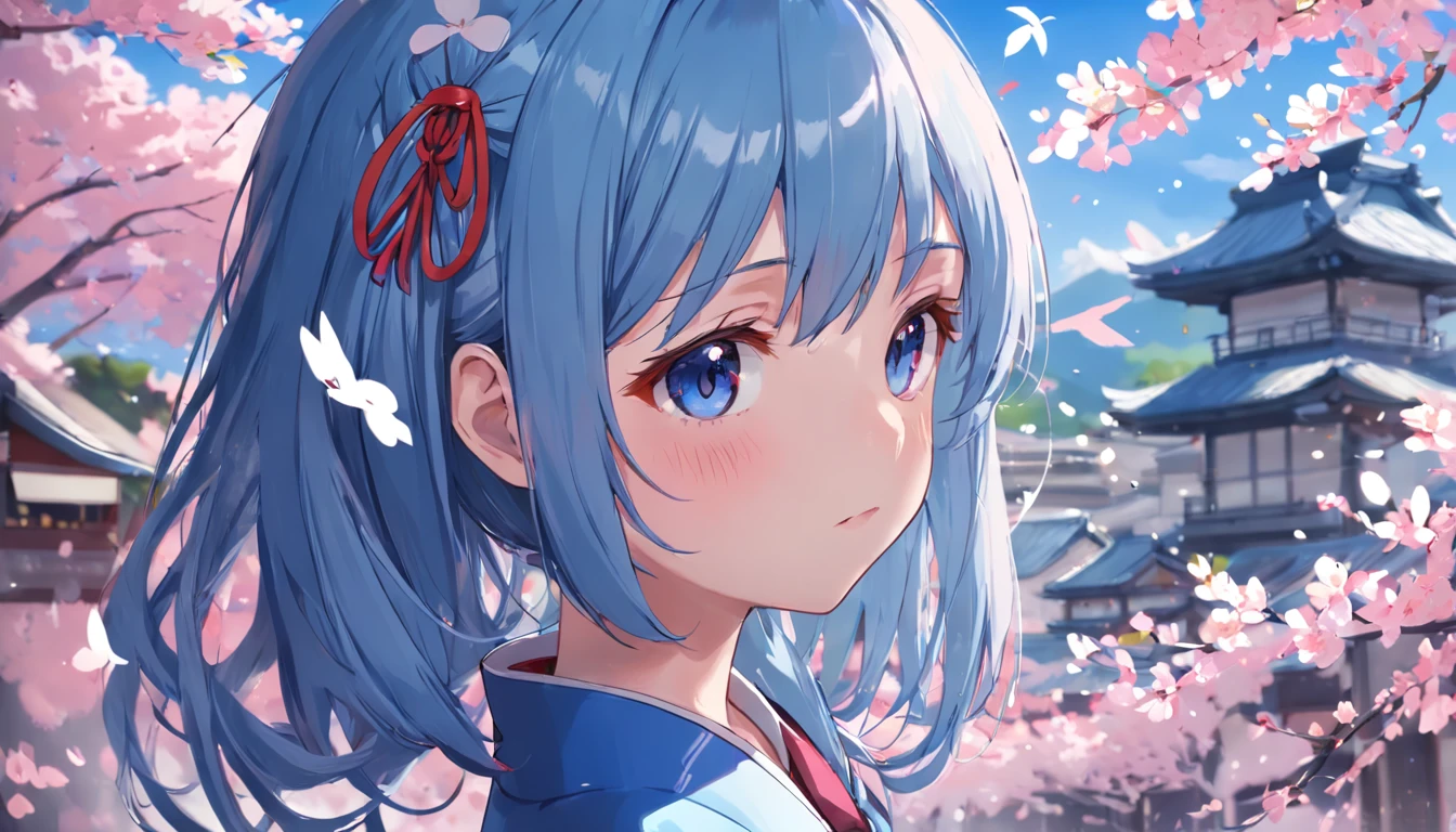 one-girl，blue hairs，Perfect facial features，Wearing a JK uniform，Japanese background，a sense of atmosphere，Japanese wind chimes，Soft and cute girl，jewelry，SakuraNS，Cherry blossom petals spilled，hyper HD，Real Scene，16k，super high image quality，真实感，tmasterpiece，Best texture，Light，Ray traching，Japanese illustration style
