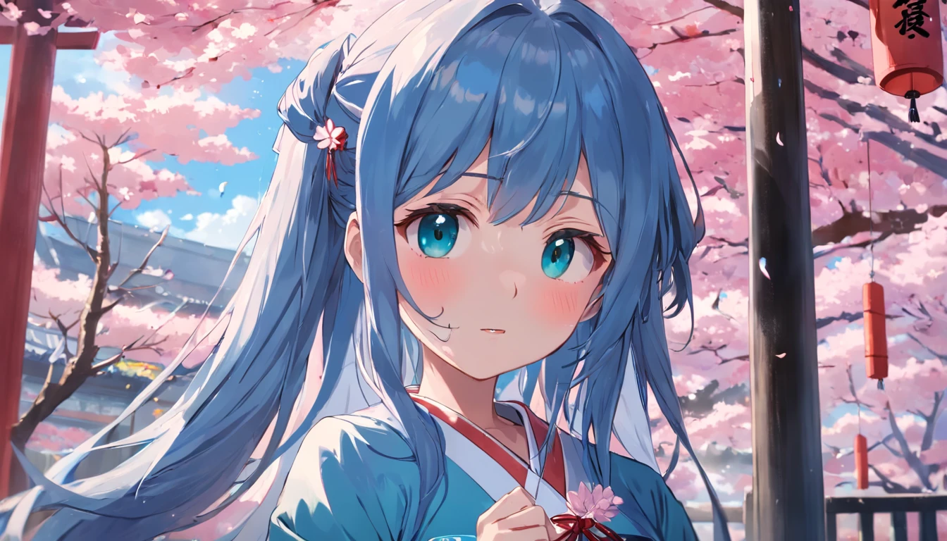 one-girl，blue hairs，Perfect facial features，Wearing a JK uniform，Japanese background，a sense of atmosphere，Japanese wind chimes，Soft and cute girl，jewelry，SakuraNS，Cherry blossom petals spilled，hyper HD，Real Scene，16k，super high image quality，真实感，tmasterpiece，Best texture，Light，Ray traching，Japanese illustration style