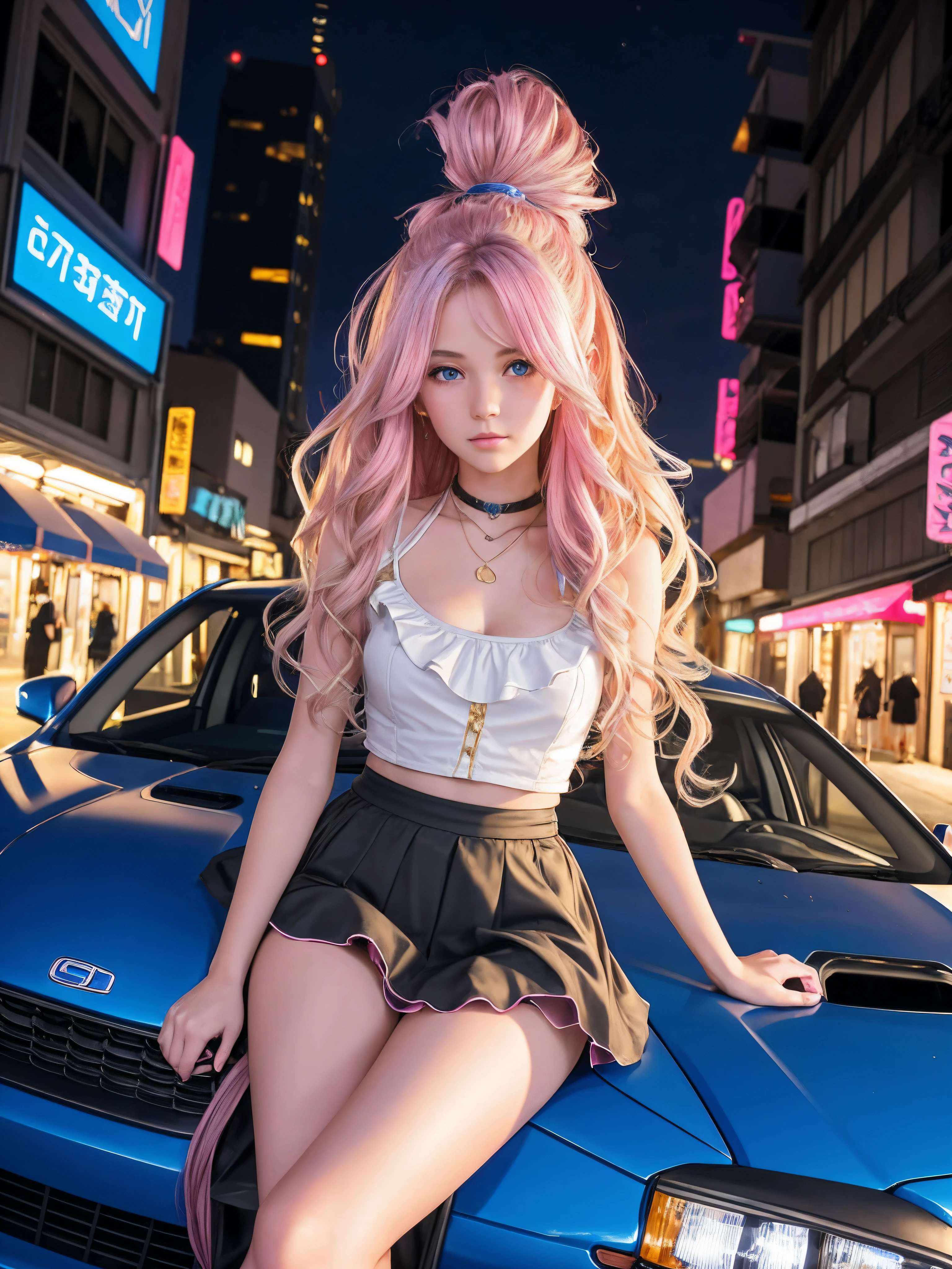 1 21-year-old girl, gold wavy medium long hair, blue eyes, wearing mid-drift sky-blue spaghetti top, white short ruffles skirt, cyberpunk city alley evening, sitting on hood of 2007 pink Subaru WRX, high res, ultrasharp, 8K, masterpiece, looking at viewer