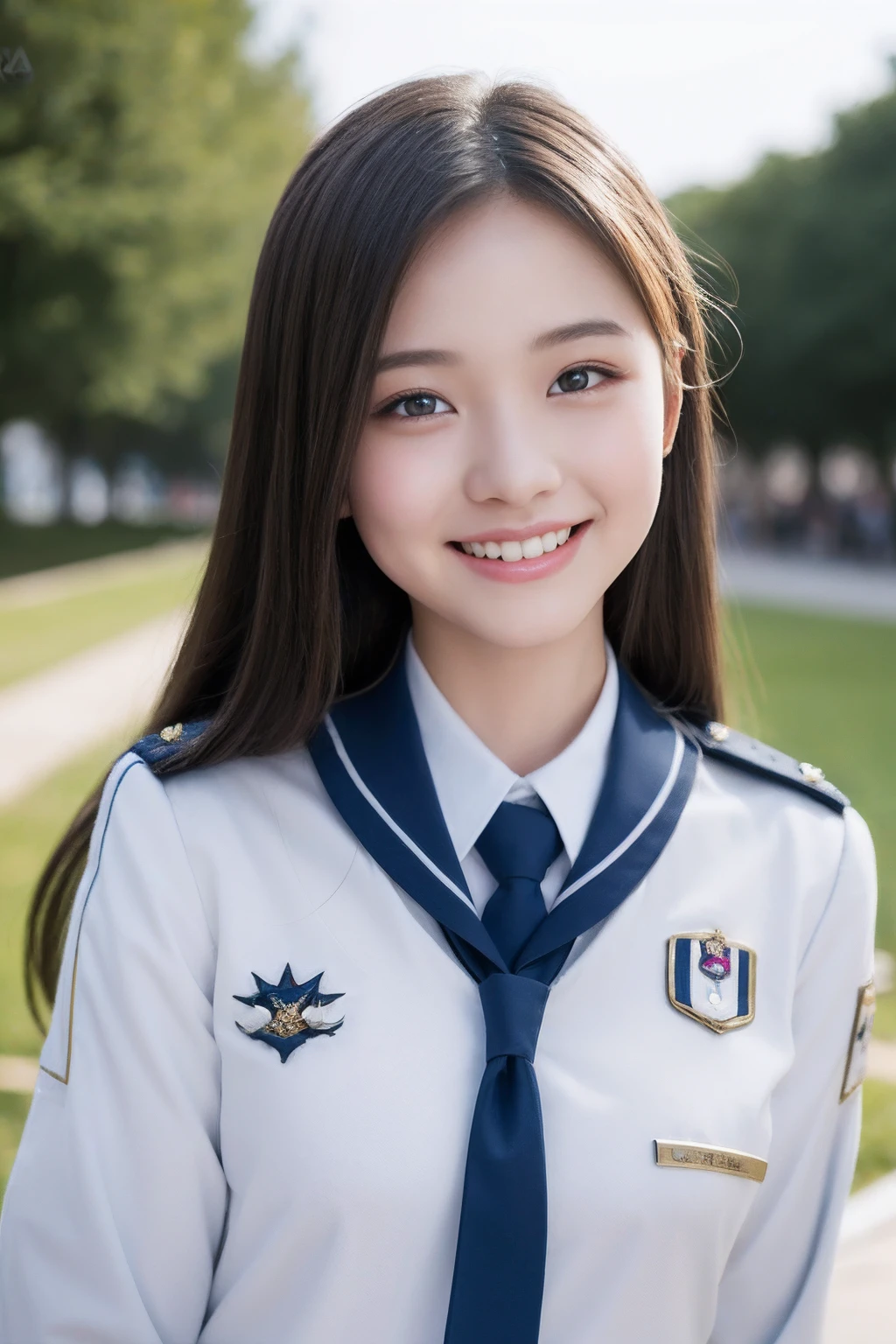 one  cute girl in uniform, (masterpiece, best quality:1.2), ultra high res, (photorealistic:1.4), detailed skin, cinematic lighting, friendly, intelligent, conversation engaging, happy, kind, energetic, cheerful, creative, with sparkling eyes and a contagious smile