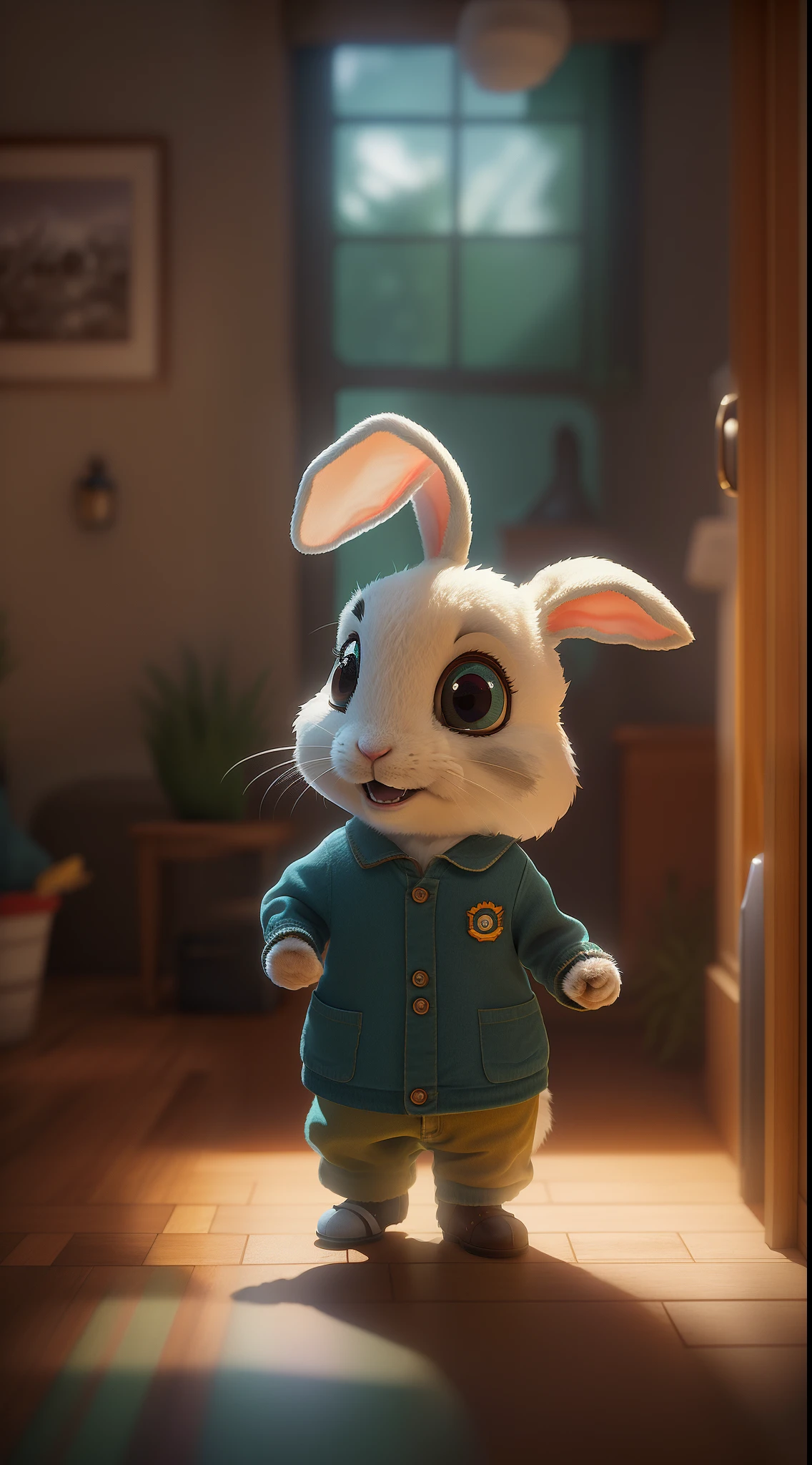 The cute little bunny waved and smiled in greeting me, Faraway view，illusory engine, cozy indoor lighting, Art Station, Detailed digital painting, Cinematic, character  design：Mark Reiden、Pixar and Hayao Miyazaki, Unreal 5, daz, Ultra photo realsisim, rendering by octane