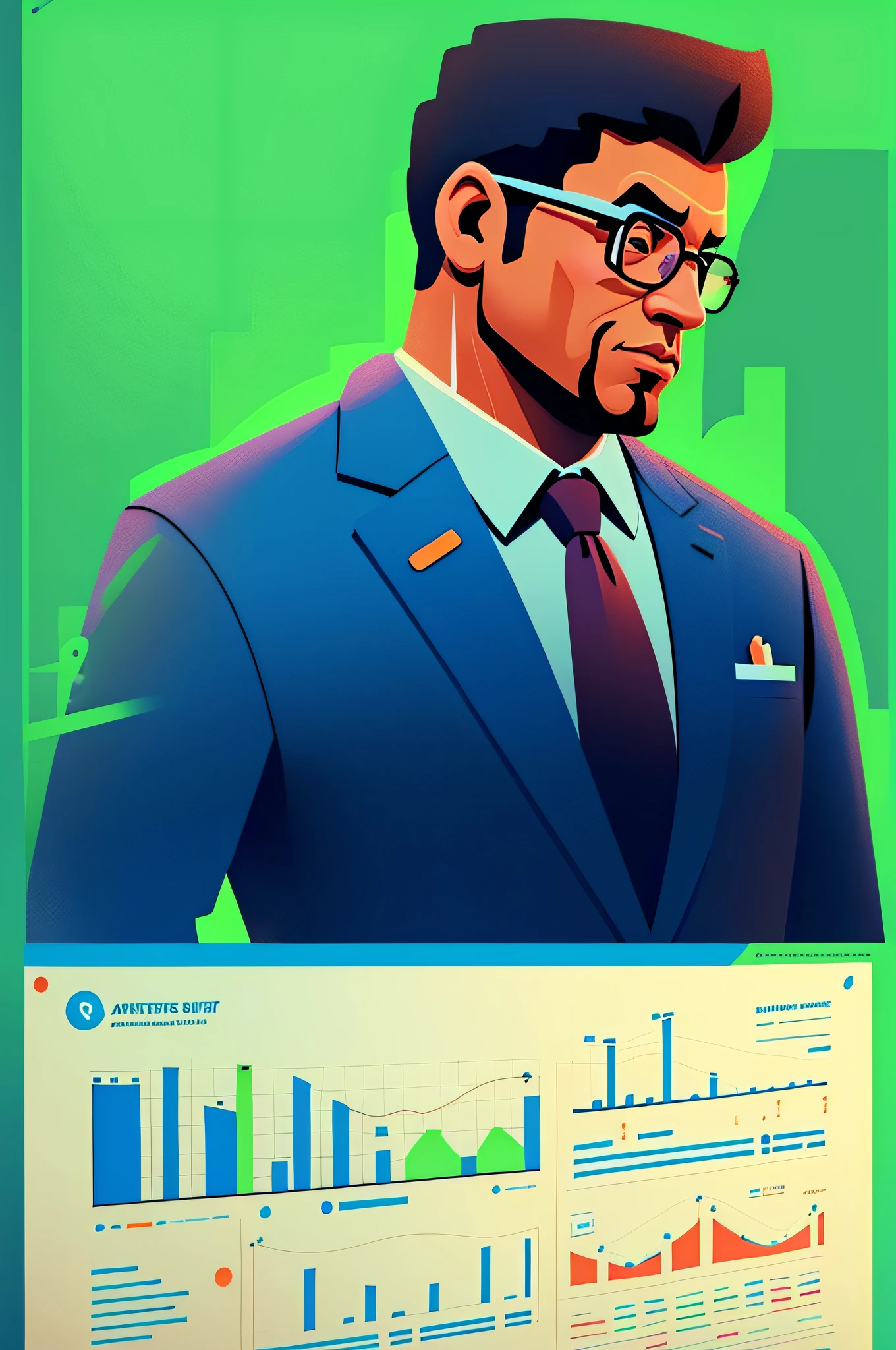 A man in a suit and tie stands in front of the chart, Simple and clean illustration, marketing illustration, professional illustrations, corporate animation style, Flat illustration, avatar for website, Professional vector graphics, Simple illustration, Professional illustration, shaded flat illustration, high quality illustration, strong features, svg illustration, Commercial illustration, flat vector graphic, professional profile picture