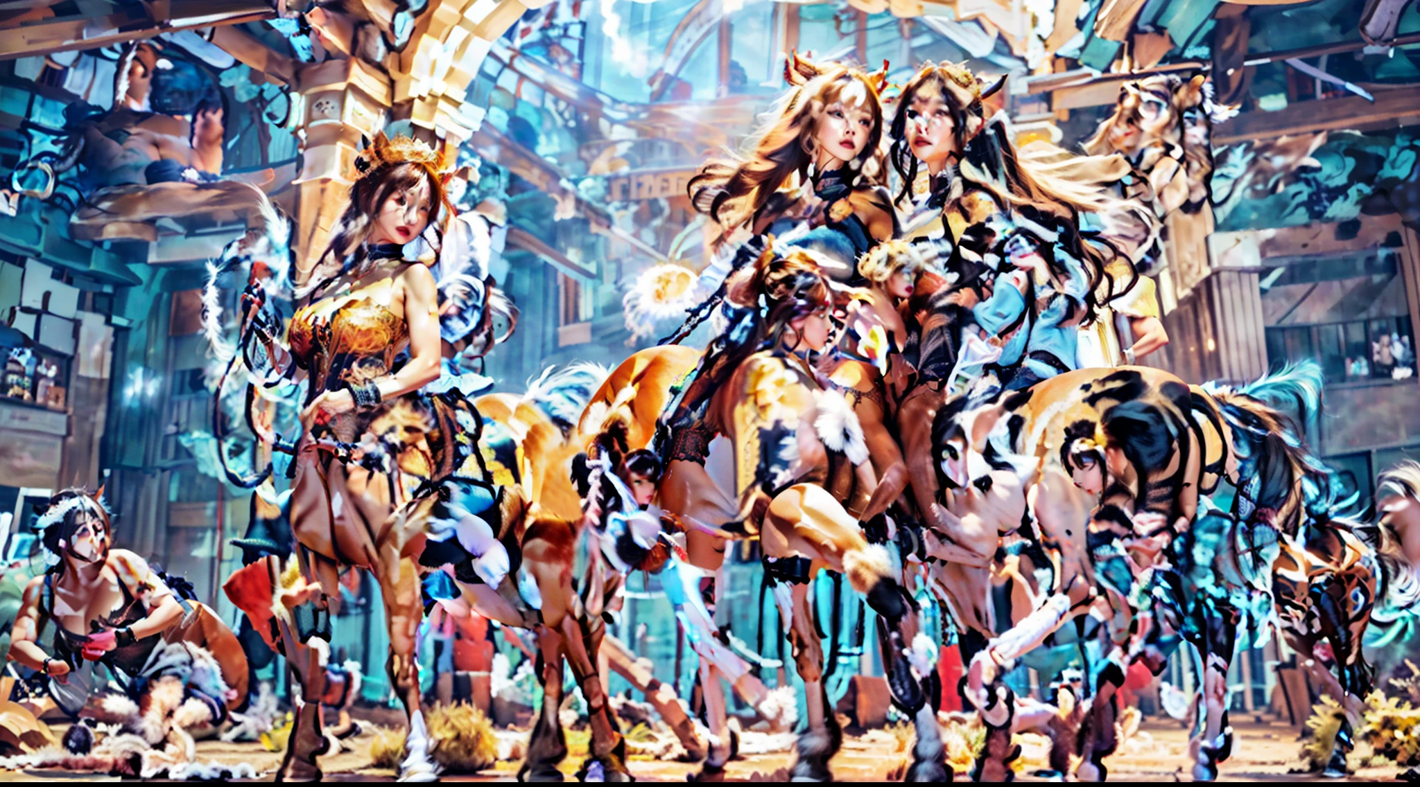 In the beautiful illustration of this super-grand scene，The ultra-long-range lens is shown（Over eight unique centaur characters：9.9），They all have their own characteristics，Vivid and interesting。Radiant angelic centaurs from the heavenly realm，To the hellish centaurs surrounded by nightmarish flames，And then to the Wind Fairy Centaur dancing in the air，There are also one-horned centaurs surrounded by thunder and lightning，and mechanical centaurs that shine with metallic light，And then to the powerful dragon centaur with colored dragon scales covering the whole body，The elegant and agile elf centaur always wears a flower crown with its slender graceful lines，Enchanting and charming Tiflin centaurs。Each character has their own unique charms and abilities。The illustration uses advanced artistic techniques and tools，（Divide the scene into sections by geometric arrangement：9.9），Each section corresponds to a centaur character，This makes more efficient use of space。Through Midjourney's advanced brush tools、Color palette、Material packs and model packs，For each centaur, beautiful props are designed to increase racial characteristics、Clothing and physical features，Enhances the character's personality and visual appeal。The scenery in the illustrations is stunning，There are changing skies、rainbowing、extreme light、Stars and Moon。Incorporating iconic landmarks such as Mount Everest，and fireworks、tranquil lake、Natural and urban elements of waves and neon lights，Creates a magical atmosphere。The centaurs display their unique abilities and equipment in a variety of environments，This is true even in extreme alien landscapes。（Use Midjourney's tools、Material packs、Texture tools、The color palette makes depicting details vivid and realistic：9.9），From complex hairstyles and as well as different racial traits、Body、Appearance features、Clothing to real textures，This greatly enhances the realism of the characters and surroundings。The fusion of multiple art styles adds movement to the centaur's
