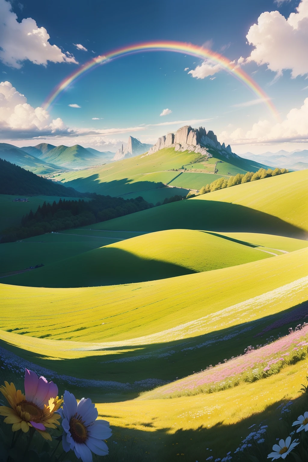 (From below, Upper air, open fields below), Blue sky, white clouds, Sun, Sunlight, fields, mountainscape, meadows, Flowers, Wind, (dynamic compositions: 1.4), rich detail, Rich in color, (Rainbow colors: 1.2), (Luminous, Atmospheric lighting), Dreamy, Magical,Diagonal fisheye