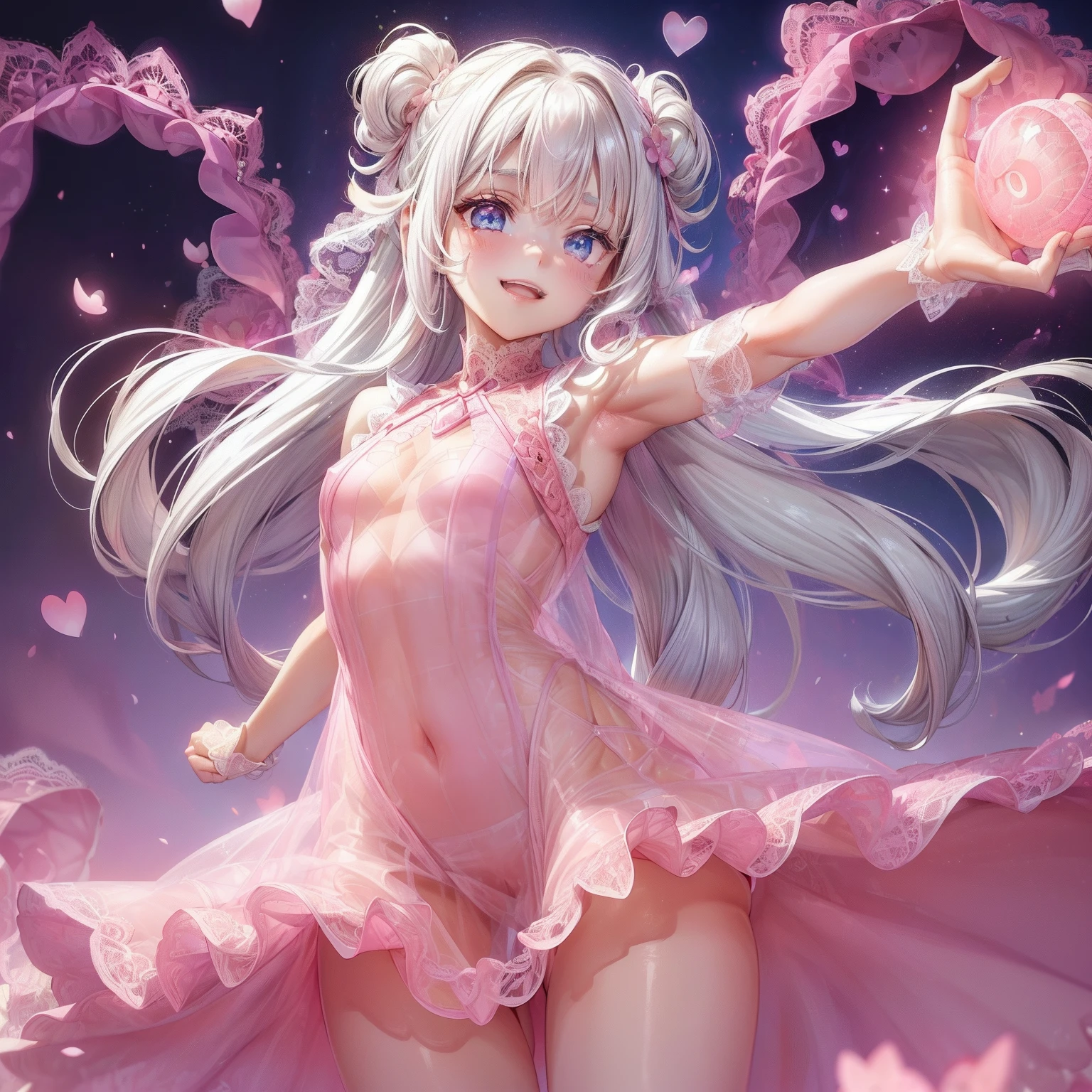 Pointing your butt towards the viewer,A big smile,Dancing happily,Transparent pink dress, emphasis on the buttocks, top-quality, hight resolution, 8K, girl with, (爆乳), tag, with light glowing, Skin-tight dresses, (Pink transparent dress trimmed with lace:1.5, Clothes with transparent pink skin:1.5, Bulee Neck Dress:1.5, Sleeveless dress, Dresses to emphasize:1.5), Dresses with less fabric, Dresses with designs that emphasize breasts, gargantilha, Cute Choker, Open crotch, Fluttering chest, 爆乳, Big, Precisely shaped hands, a gorgeous, (Twin-tailed), Beautiful white hair, Beautiful, Beautiful white skin, Blue eyes, (dynamicposes:0.8), (The upper part of the body:1.2), Soft lighting、shinny skin、A big smile on the beholder's face, U Pass, 1girl in, Solo, Ass, , top down bottom up, from behind