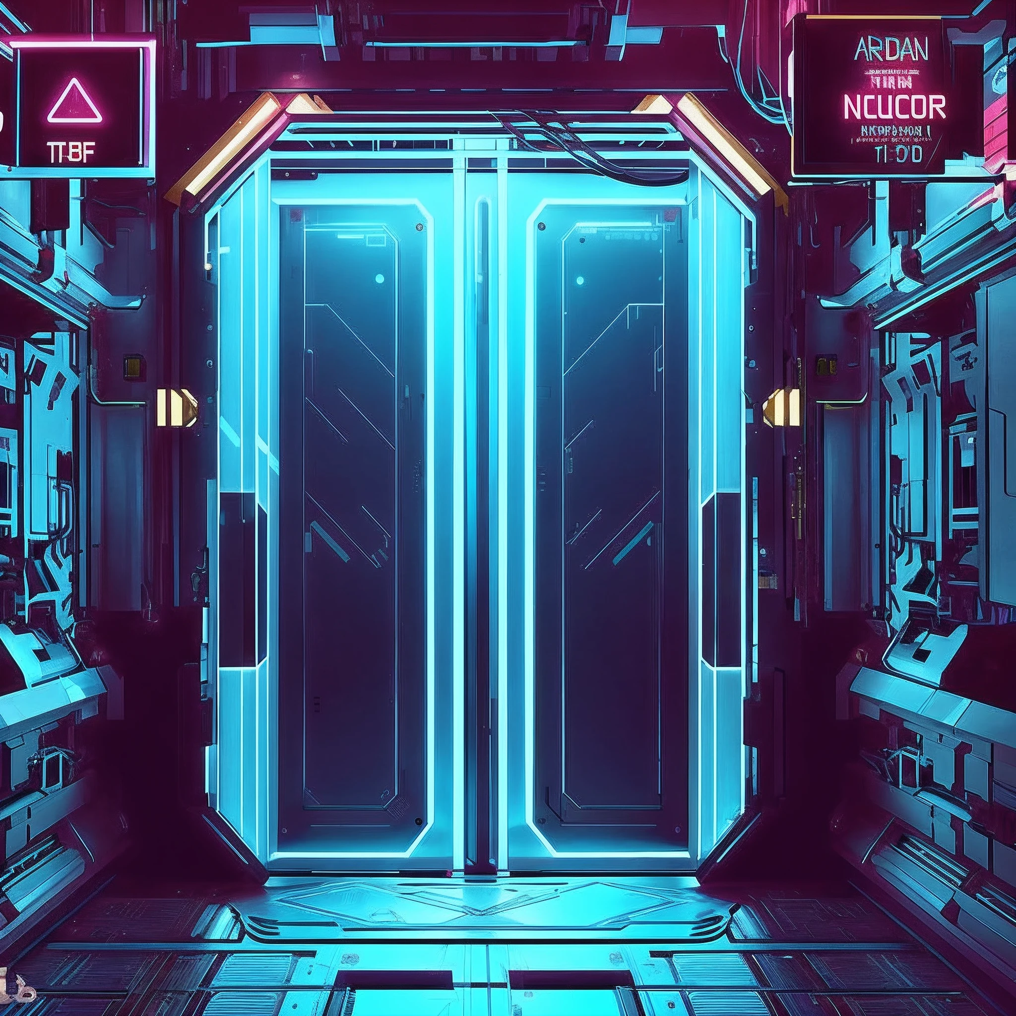 a close up of a door in a space station with neon lights, doors that are cosmic portals, style hybrid mix of beeple, arstation and beeple highly, in style of beeple, beeple |, spaceship hallway background, detailed sci - fi backgrounds, beeple style, cyberpunk futuristic neon, scifi scene