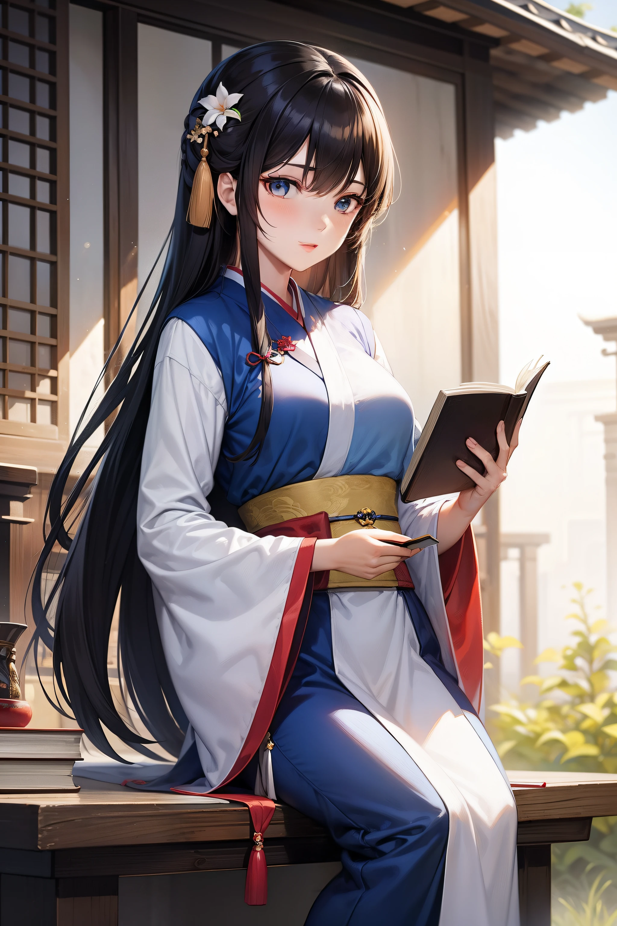 A bright woman in Hanfu holds a book in her hand