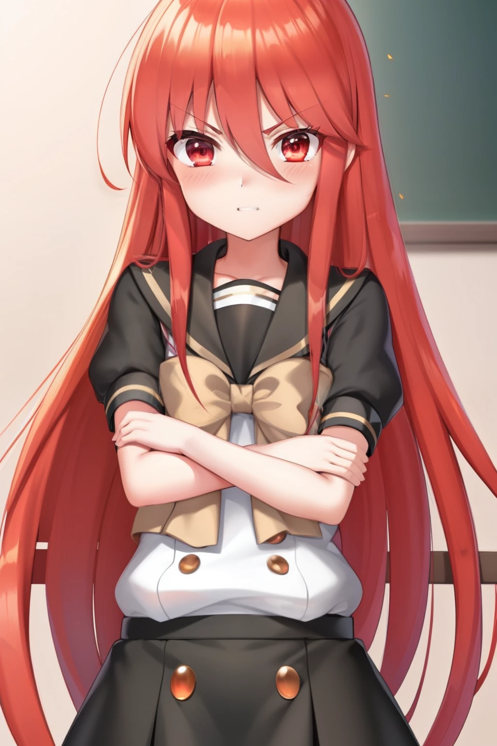 Meisterwerk, best quality,extrem detailliertes CG Unity 8k Wallpaper, 
1girls,Shana,rotes Haar,Rote Augen,School uniform with short sleeves,crossed arms,ahoge,