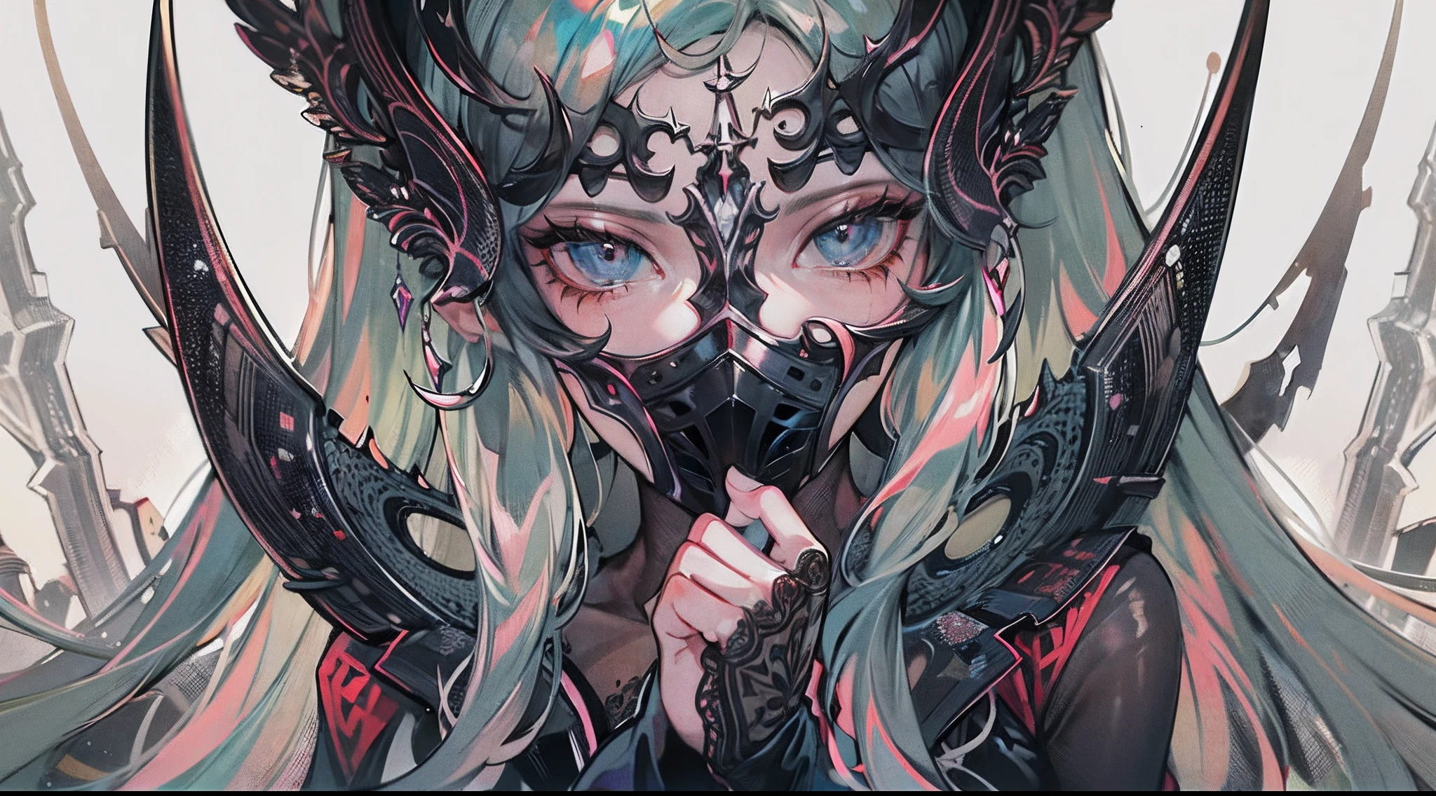 goddess of death,Hela,queen of the underworld,Control disease and aging,((tmasterpiece)),(Best quality at best),(ultra intricately detailed),(Highest definition),(8K),(Clean lines),(Perfect facial features,Perfect flesh),s girl,Cover half of your face,Gloomy expression,She has half a beautiful face,The other half of the face is rotten and hideous like the devil,Beautiful mask,Melancholy and frustration can be seen on the face,Delicate black cloak,black leather clothes