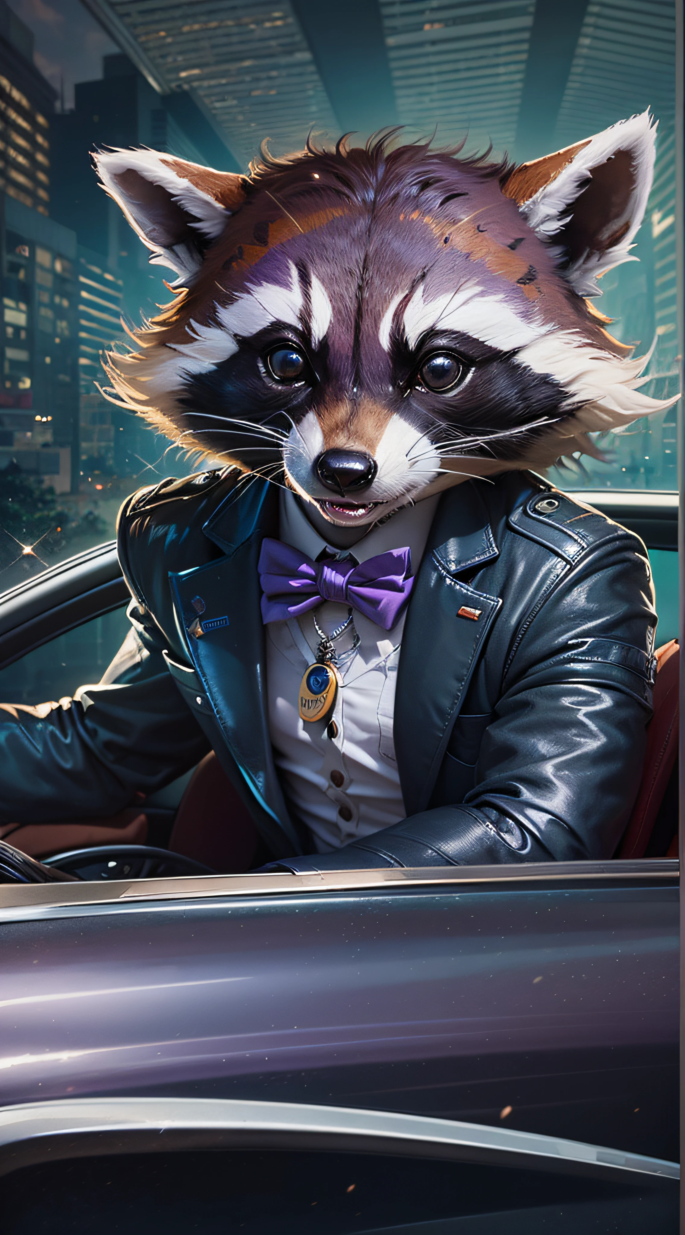 (((sticker))), Rocket Racoon from Guardian of the Galaxy, wearing a purple tuxedo, driving a Cadillac, posing as a professional fashion model, light smiling, perfect body, side looking eyes, (masterpiece of photo manipulation), (stunning shots), (details eyes), in the background behind him are reporters taking pictures with sparkling flashlights,