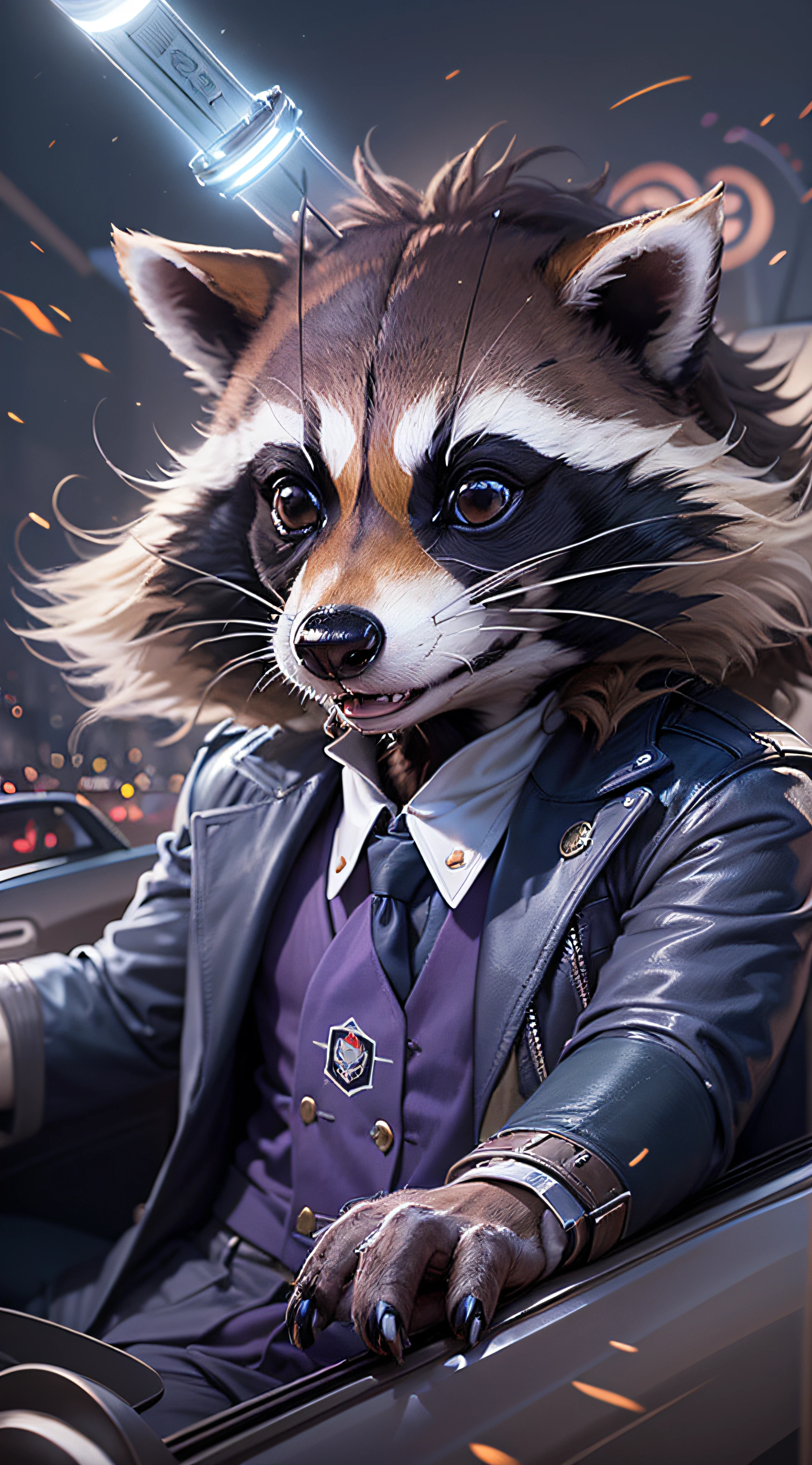 (((sticker))), Rocket Racoon from Guardian of the Galaxy, wearing a purple tuxedo, driving a Cadillac, posing as a professional fashion model, light smiling, perfect body, side looking eyes, (masterpiece of photo manipulation), (stunning shots), (details eyes), in the background behind him are reporters taking pictures with sparkling flashlights,