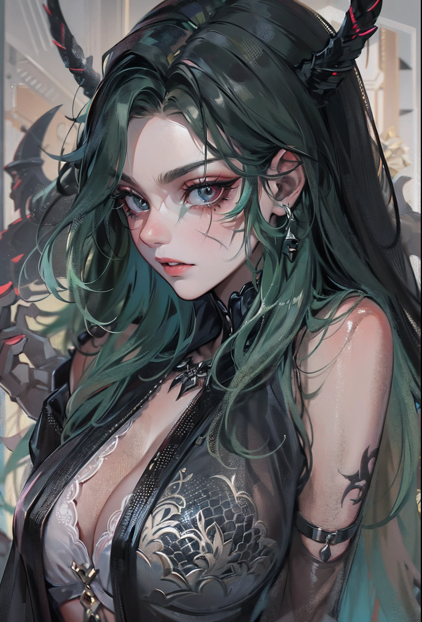 goddess of death,Hela,queen of the underworld,Control disease and aging,((tmasterpiece)),(Best quality at best),(ultra intricately detailed),(Highest definition),(8K),(Clean lines),(Perfect facial features,Perfect flesh),s girl,Cover half of your face,Gloomy expression,She has half a beautiful face,The other half of the face is rotten and hideous like the devil,Beautiful masks,Melancholy and frustration can be seen on the face,Delicate black cloak,black leather clothes