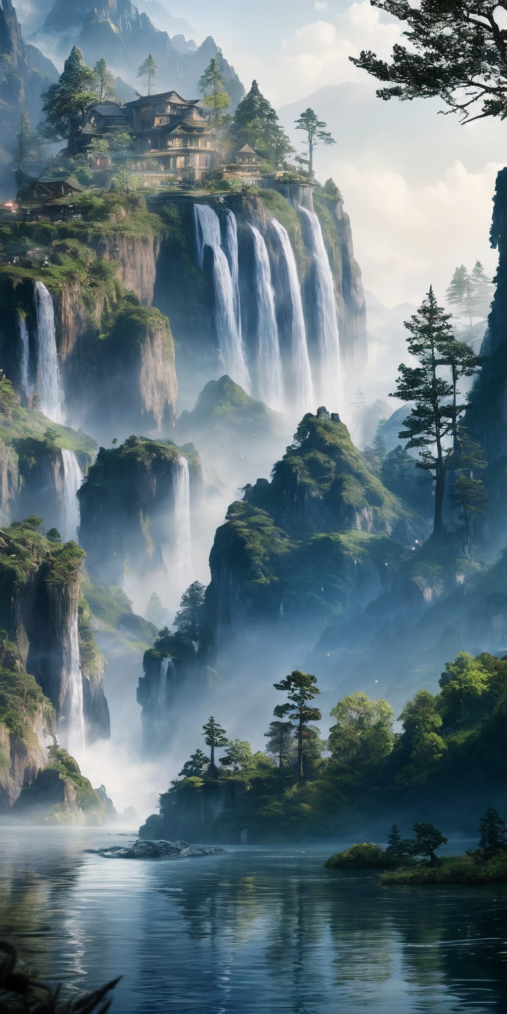 House on top with a picture of a mountainous waterfall, Vertical wallpaper, 4k vertical wallpaper, 4k vertical wallpaper, 8k vertical wallpaper, 8k vertical wallpaper, by Ross Tran. scenic background, Beautiful matte painting, 4 k matte painting, detailed scenery —width 672, beautiful iphone wallpaper, Avatar Landscape, inspired by Raphael Lacoste