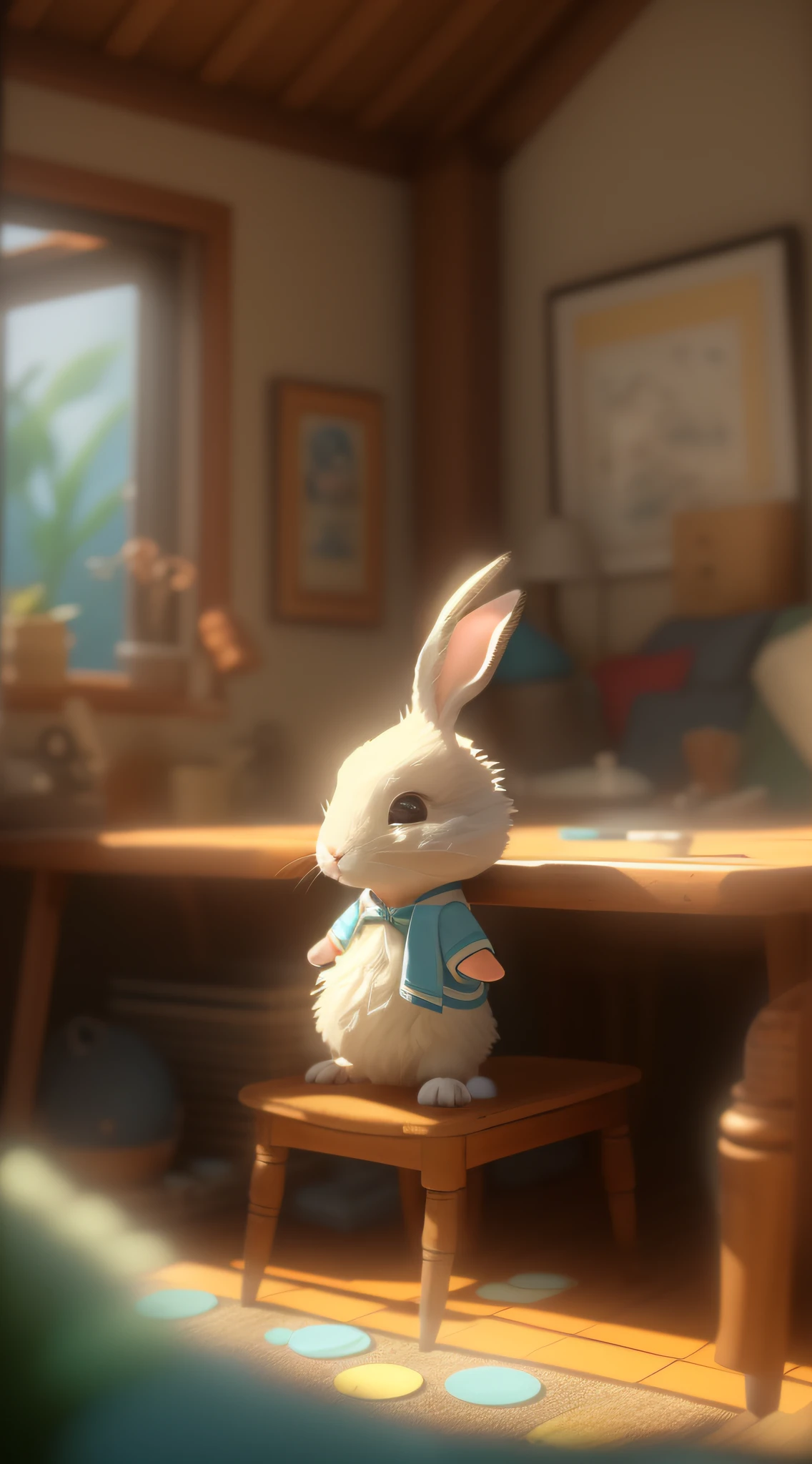 The cute little bunny waved and smiled in greeting me, Faraway view,illusory engine, cozy indoor lighting, Art Station, Detailed digital painting, Cinematic, character design:Mark Reiden、Pixar and Hayao Miyazaki, Unreal 5, daz, Ultra photo realsisim, rendering by octane