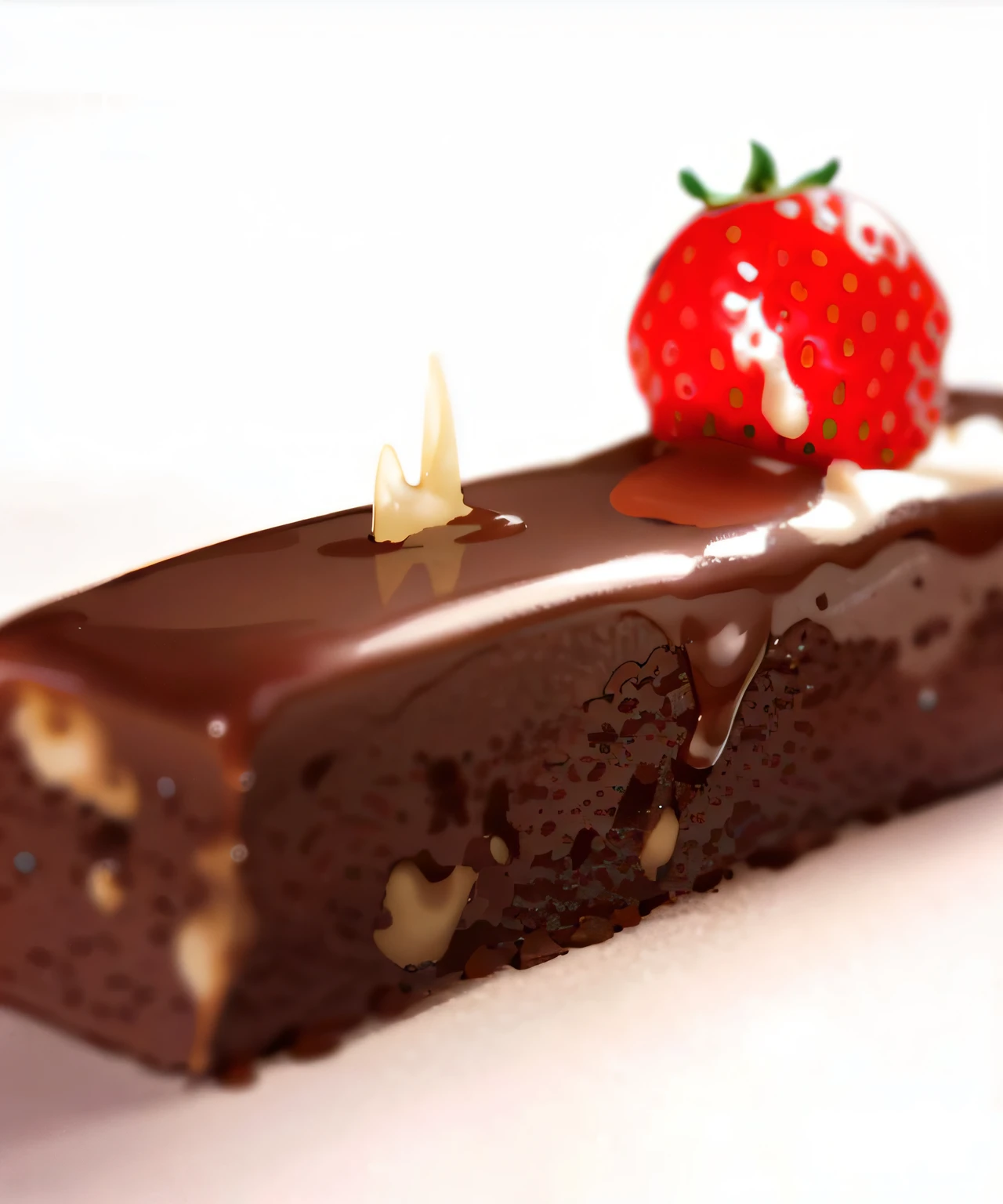 There was a piece of chocolate cake,There is a strawberry on top, delicacy, Cupcakes, smothered in melted chocolate, chocolate, chocolate frosting, jaw dropping, fully chocolate, Dessert, YouTube video screenshots, delicacy, amazing depth, Outstanding detail, Chocolate River, made of glazed, Rectangular, very tasty, Mouthwatering, chocolate art, exquisite and smooth details, oh oh oh,ys