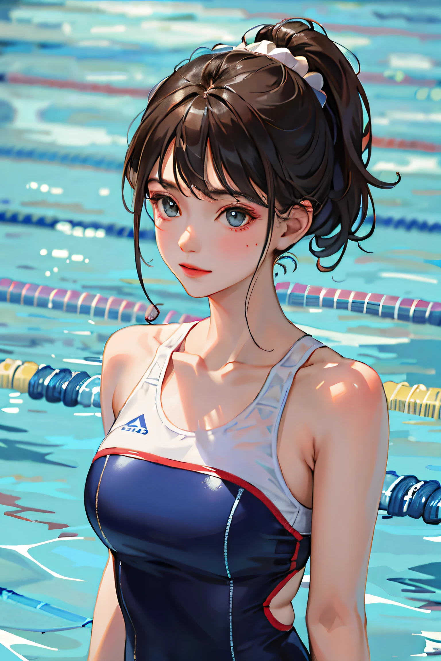 (Masterpiece:1.2, Best quality), (Real picture, Intricate details), (1lady, Solo, Upper body,) The clothes ar:swimming uniform