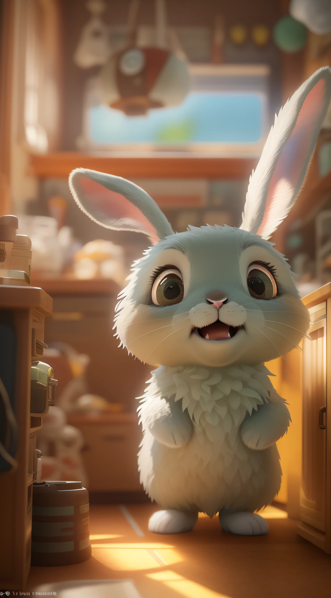 The cute little bunny waved and smiled in greeting me, Faraway view,illusory engine, cozy indoor lighting, Art Station, Detailed digital painting, Cinematic, character design:Mark Reiden、Pixar and Hayao Miyazaki, Unreal 5, daz, Ultra photo realsisim, rendering by octane