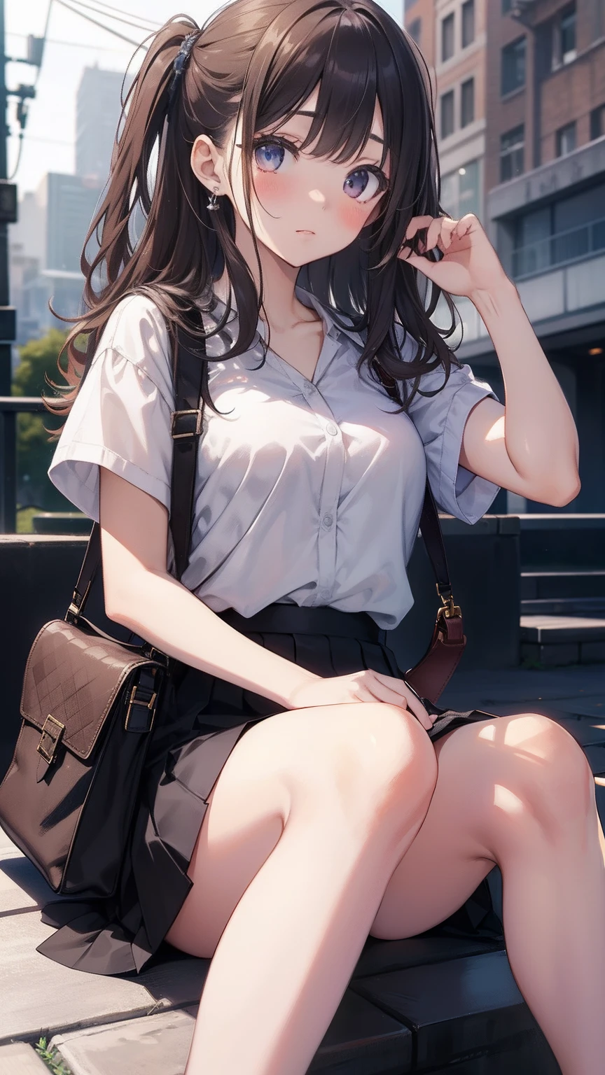 A high resolution、A high resolution、tmasterpiece、Beautiful girl in skirt sitting on the ground,knee upright、Look at the audience with upward eyes when blushing,Cross-body leather bag