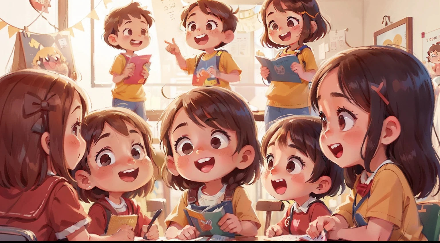 Confidence girl talking in the middle of people. Warm momment. lot of people listening. Happy momment. Kids illustration style. people storytell.