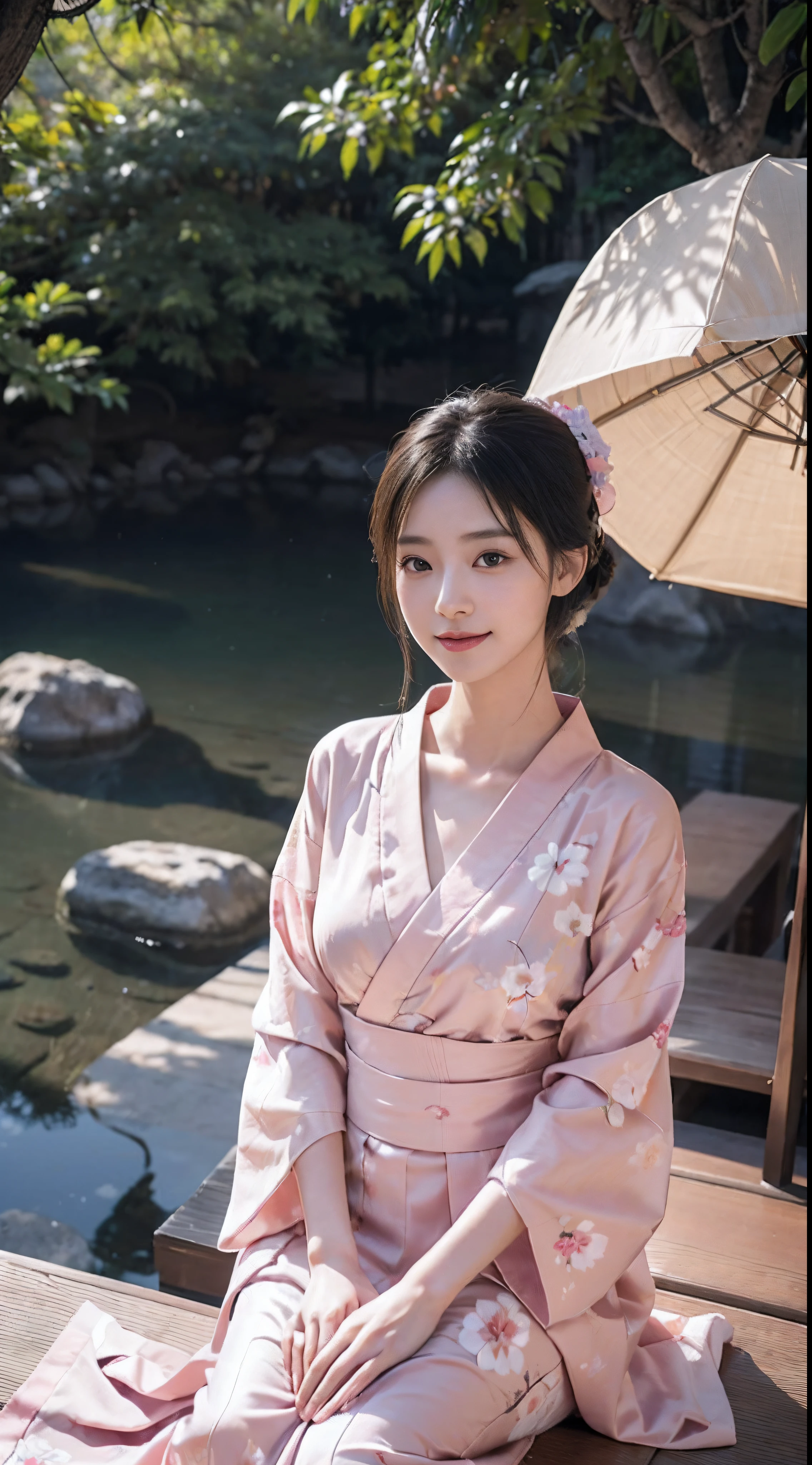 (Photorealsitic:1.4), (Top image quality:1.0), (超A high resolution:1.0), 8K, Raw photography, (masterpiece:0.2), (pureerosface_v1:0.5)、(Best Quality Detail:1.2)、realisitic、8K UHD、hight resolution、(1girl in:1.2)、The ultra-detailliert、High quality textures、intricate detailes、detaileds、Very detailed CG、High quality shadows、Detail Beautiful delicate face、Detail Beautiful delicate eyes、depth of fields、Ray traching,1girl in, japanaese girl, Cute, slender, Black kimono, Kimono with Japanese pattern,Floral scrunchie, Beautiful skin, Facing the front,Sit down, Sit upright and say thank you,Align your hands elegantly,Smile faintly The Land of Japan,Japanese garden,Luxury Japanese-style room,, Magic Hour, (Realistic:1.3),, quality, (masutepiece:1.2), (Photorealistic:1.2), (Best Quality), (Intricate details), Dramatic, Ray tracing, photograph, +Lola,Pink kimono,
