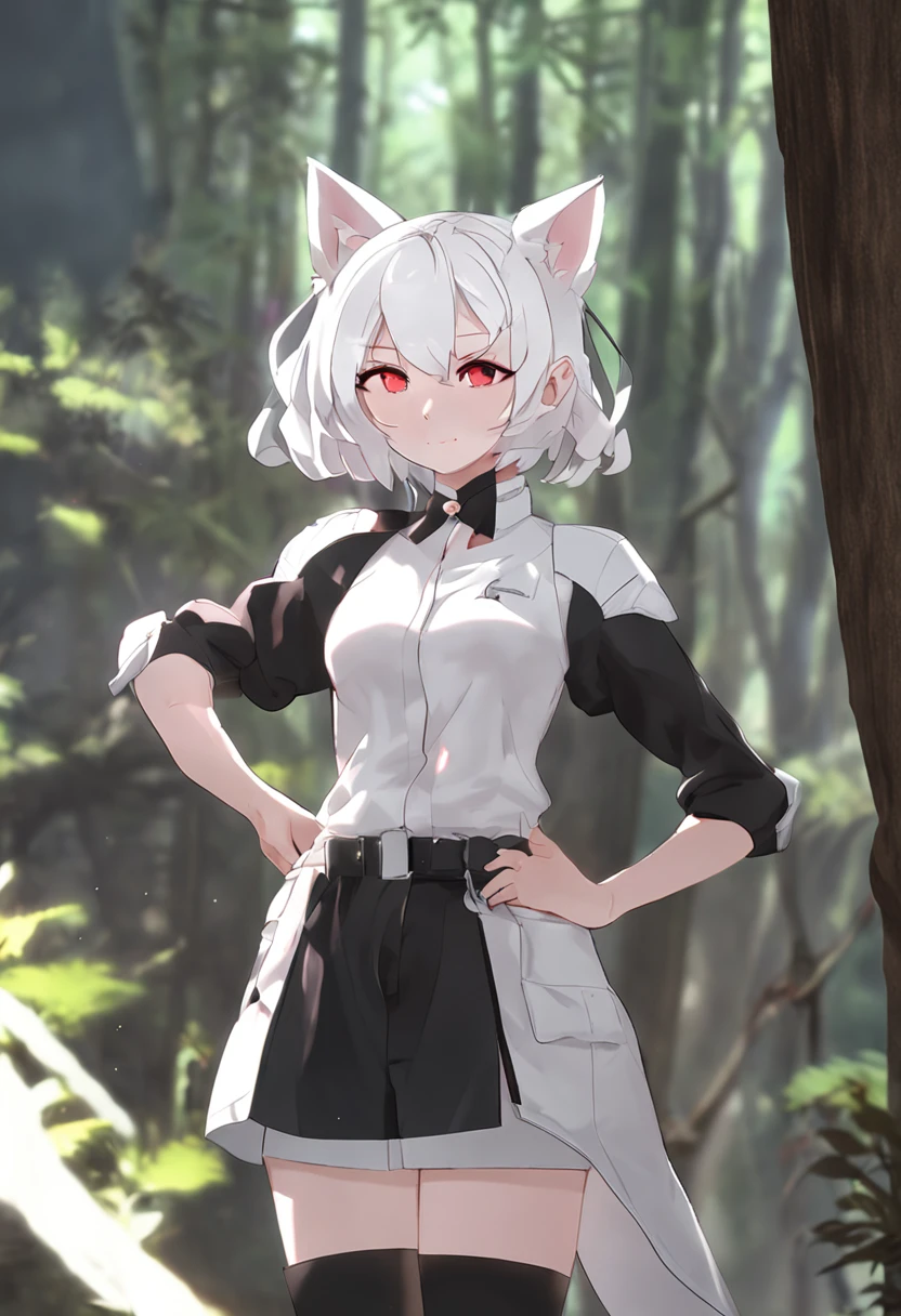 anime, anime girl, cute, anime face, good face, ((standing position)), red eyes, short white hair, cat ears, cat tail, (forest in background), pale white color skin, black witch dress, body covered, curvy, stern expression, plump legs, big butt, small breasts, sunset, muscular stomach