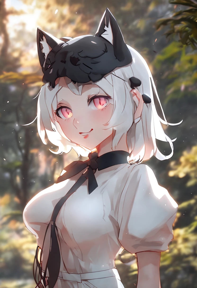 anime, anime girl, cute, anime face, good face, ((standing position)), red eyes, short white hair, cat ears, cat tail, (forest in background), pale white color skin, black witch dress, body covered, curvy, stern expression, plump legs, big butt, small breasts, sunset, muscular stomach