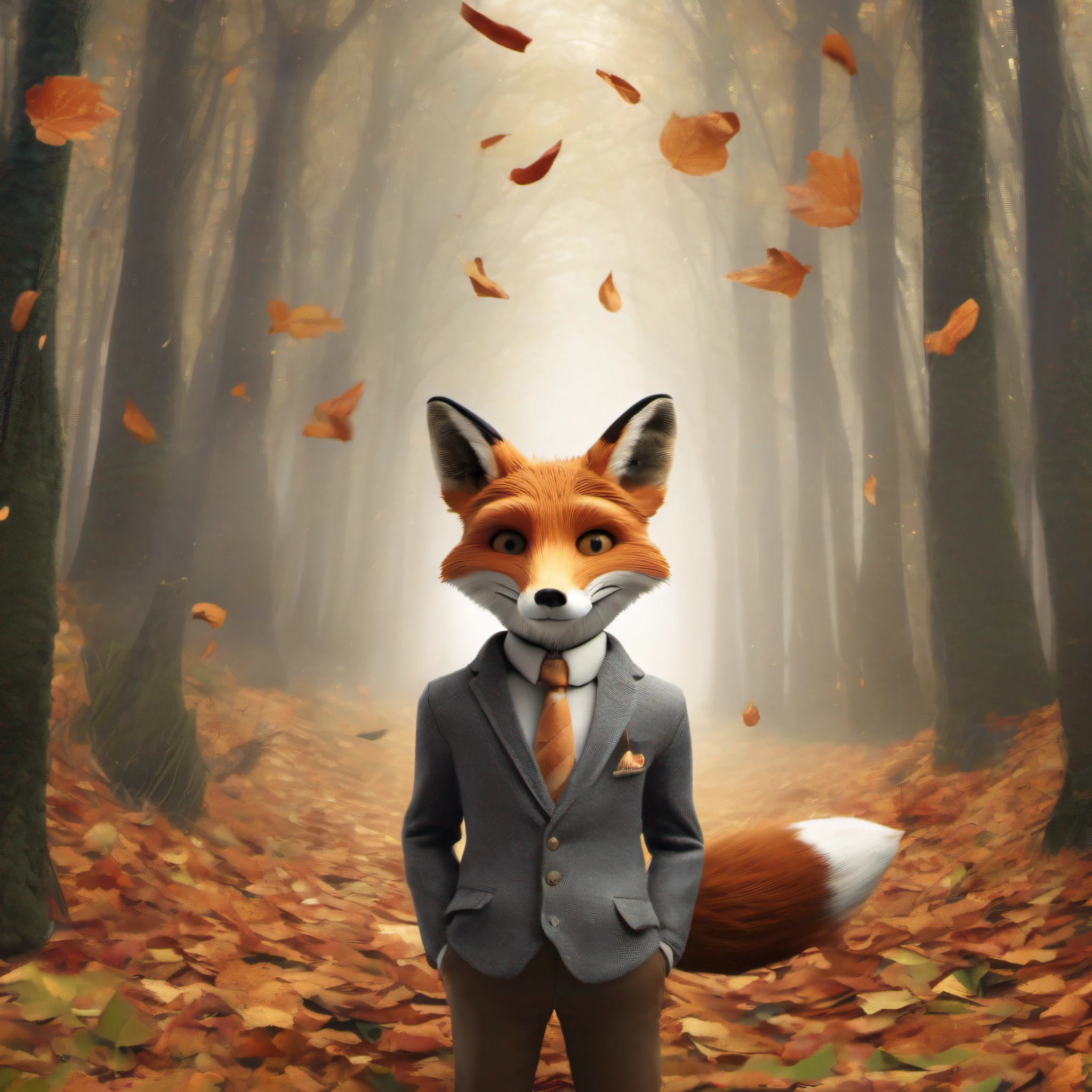 (Fox Wearing Suit) (Whimsical Portrait Photography): A mischievous red fox, dressed elegantly in a tailored grey suit complete with pocket square and bow tie, playfully reclining amongst falling leaves under a golden sunbeam casting dappled shadows across the forest floor. His piercing amber gaze meets yours as he confidently balances himself gracefully on all fours, each tufted ear tilted curiously and hinting at hidden secrets within a storybook adventure unfolding just beyond viewfinder reach... Could this be none other than the Fantastic Mr. Fox himself? As always, let curiosity guide your quest and find out for yourself who exactly lies beneath such a suave disguise - why settle for ordinary tales when there's a chance a fantastical odyssey may lie just beyond this frame waiting to be discovered by those brave enough to investigate further? This visual concept involves complex integration of both CGI modeling and photorealistic digital compositing.