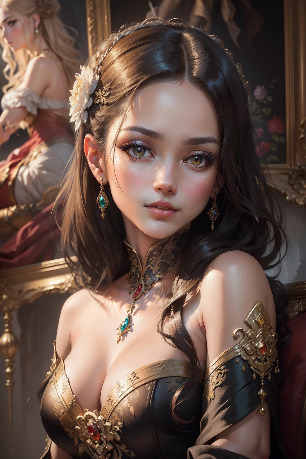 (elegant oil portrait, intricate details, rich colors:1.3), a captivating oil painting portraying an attractive lady, radiating grace and allure with exquisite attention to detail, (captivating gaze drawing viewers in:1.2), (subtle expressions reflecting her timeless charm:1.2), framed against a background that complements her beauty and adds depth, (warm and inviting color palette enhancing her elegance:1.1), fine brushwork capturing the intricacies of her features and attire, (meticulously painted elements like hair and clothing adding to the realism:1.1), (oil painting technique known for its depth and texture:1.2), (capturing her captivating presence and allure with artistic precision:1.1), (immersing in the timeless beauty of the oil medium:1.1), (highlighting the seamless fusion of artistry and beauty:1.1), (the painting resonating with a sense of classic elegance and artistic mastery:1.1).