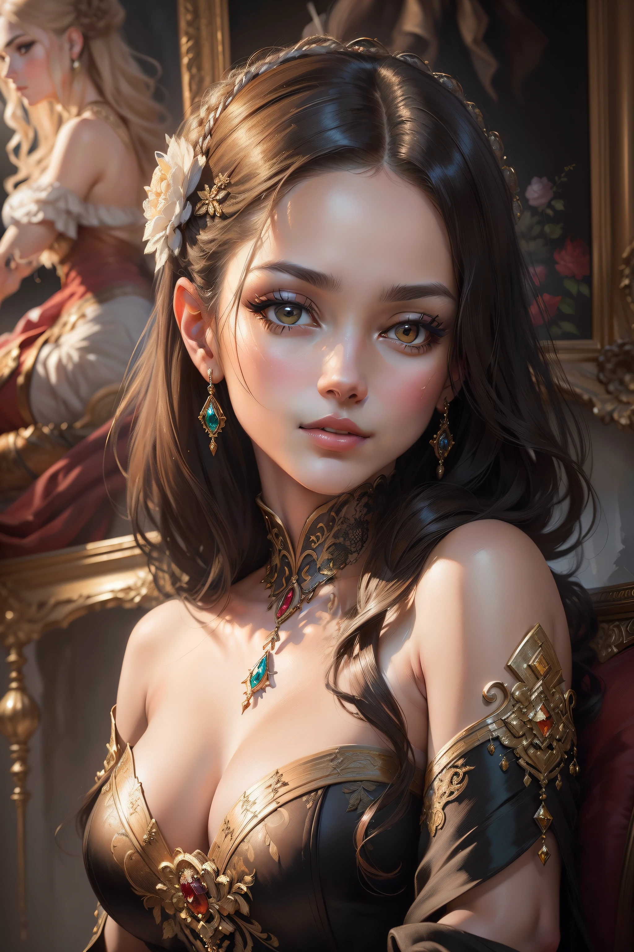 (elegant oil portrait, intricate details, rich colors:1.3), a captivating oil painting portraying an attractive lady, radiating grace and allure with exquisite attention to detail, (captivating gaze drawing viewers in:1.2), (subtle expressions reflecting her timeless charm:1.2), framed against a background that complements her beauty and adds depth, (warm and inviting color palette enhancing her elegance:1.1), fine brushwork capturing the intricacies of her features and attire, (meticulously painted elements like hair and clothing adding to the realism:1.1), (oil painting technique known for its depth and texture:1.2), (capturing her captivating presence and allure with artistic precision:1.1), (immersing in the timeless beauty of the oil medium:1.1), (highlighting the seamless fusion of artistry and beauty:1.1), (the painting resonating with a sense of classic elegance and artistic mastery:1.1).