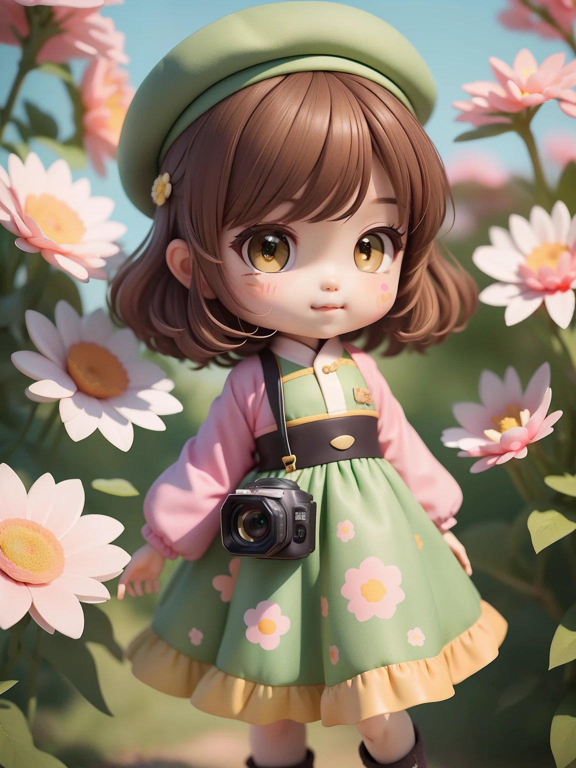 (Daisaku),(Need),(Super meticulous),(full bodyesbian:1.2),1girl,tchibi,adolable,ssmile,Open-mouthed,florals,exteriors,camera,cameras,beret,Hold the camera,Manteau,Blushlush,The tree,:3,The shirt,short detailed hair,SakuraNS,green headwear,Blurred,A brown-haired,Blush stickers,longer sleeves,By bangs,cameras,brunette color hair,pinkflower,(beautiful detailed face),(美丽细致的眼睛),
