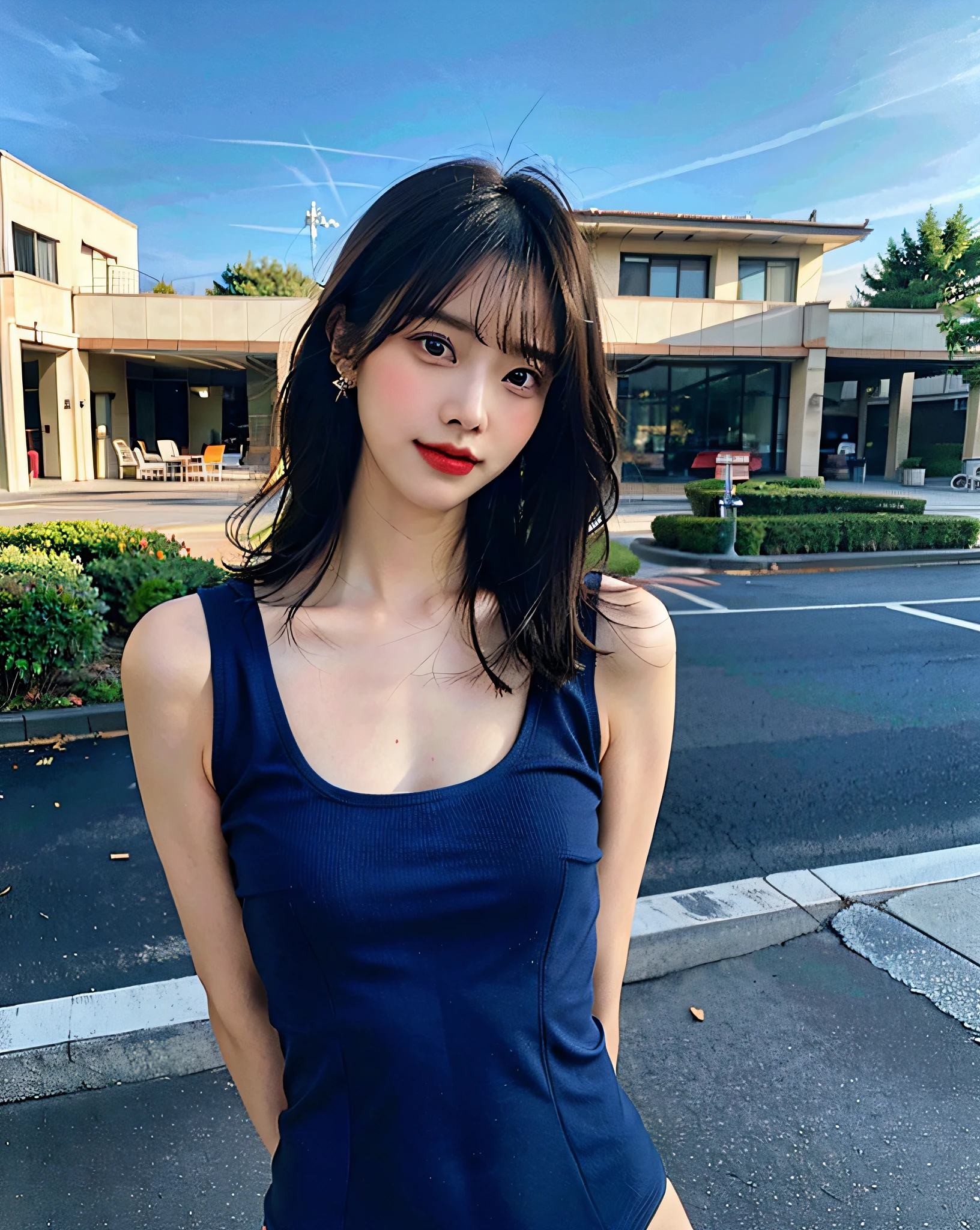 NSFW、top-quality、Hi-Res、8K、Girl 1 Mature Mature Mature Woman Person、during the day、、A dark-haired、short-cut、with light glowing、outside of house、Luxury、(Medium Hair)、Beautiful detail sky、Beautiful earrings、(dynamicposes:0.8)、(fullllbody:1.2)、Soft breeze、shinny skin、line of sight、Bust、Office、Woman in blue swimsuit posing for photo、Wearing a leotard、cute girl wearing a tank suit、tight outfit、Show off your crotch、AHE Face