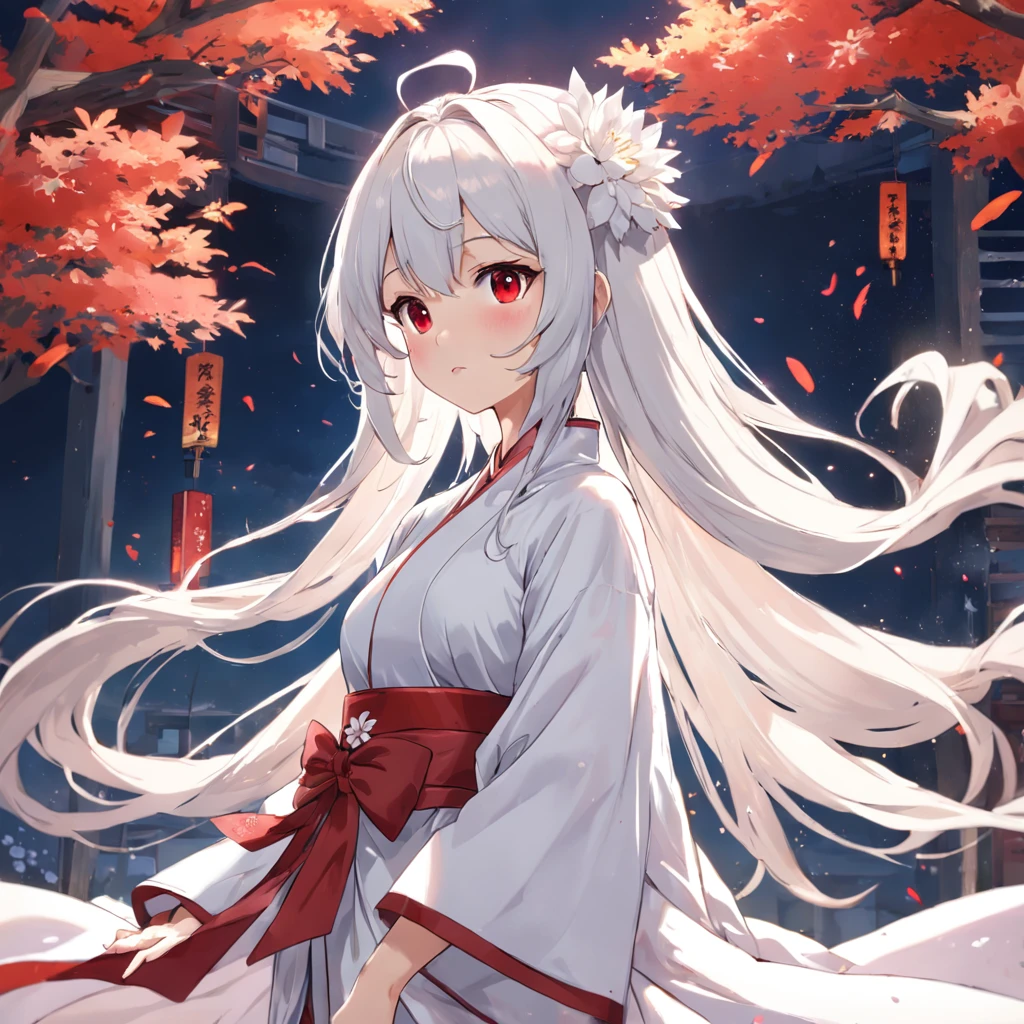 (animemanga girl, wears a white dress, red waistband, There is a flower on the hair, adolable, wearing beautiful clothes, whaite hair, Noble robes, Flowing white robe, onmyoji,Pixel art)