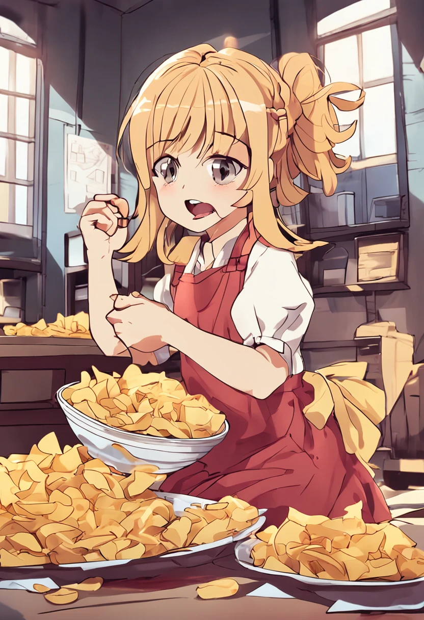anime big breast, girl with potato chips in hand,Eat with your mouth open