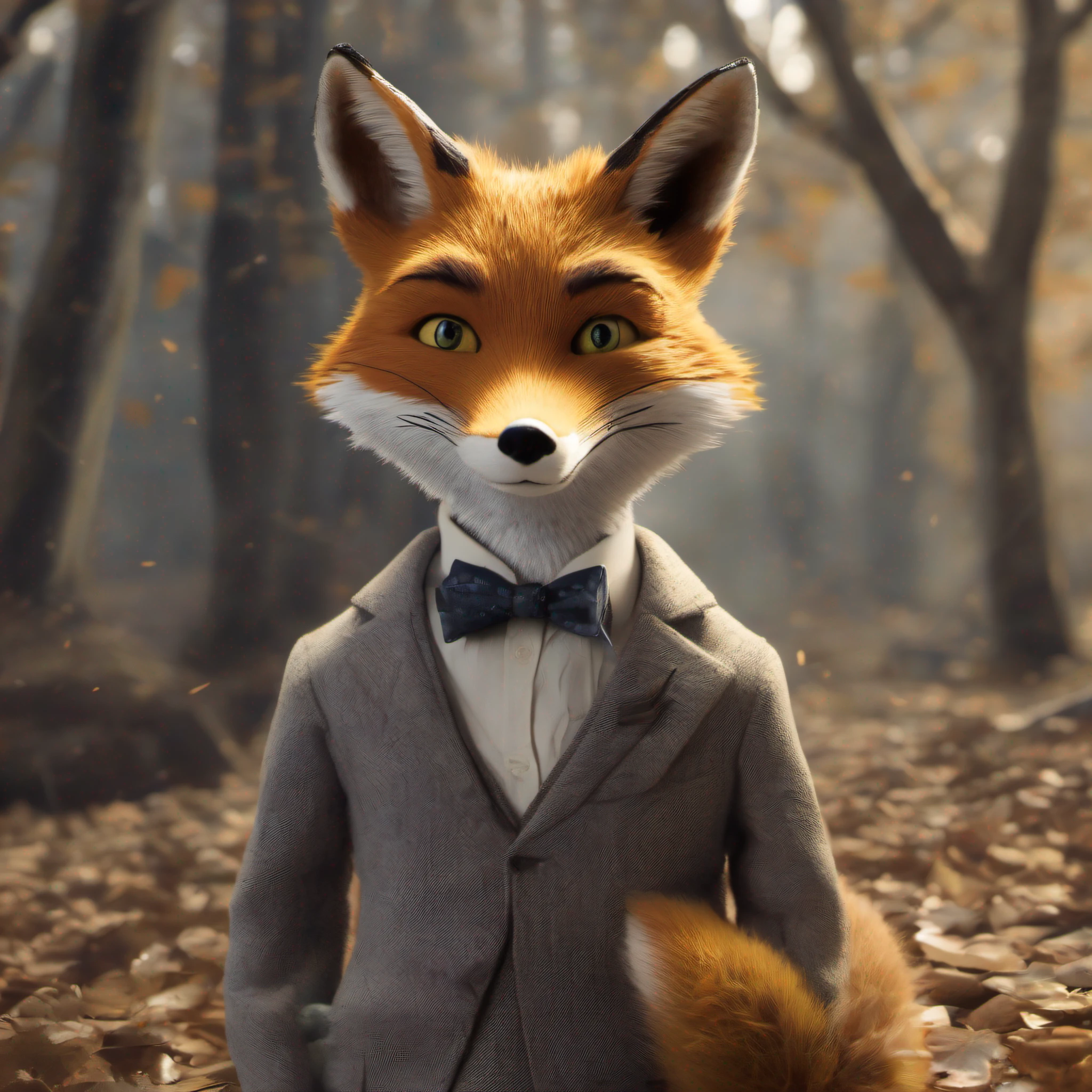 manglefnaf, furry female, anthro, fox girl, bowtie, standing, cute pose, hand on hip, portrait, tranquil, solo, (body fur:1.2), (best quality), (simple blurry background:1.2), dramatic lighting, (detailed fluffy fur:1.1), looking at viewer,  tail, thumbs,