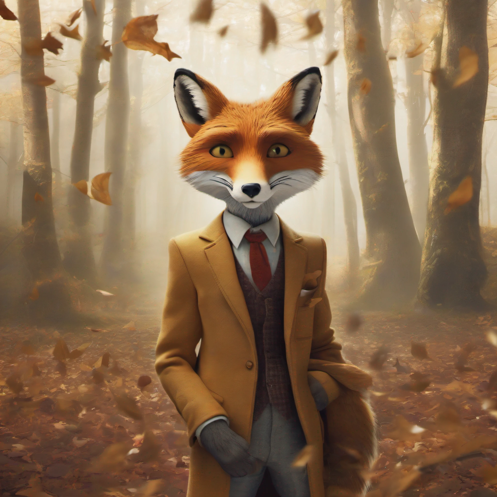 (Fox Wearing Suit) (Whimsical Portrait Photography): A mischievous red fox, dressed elegantly in a tailored grey suit complete with pocket square and bow tie, playfully reclining amongst falling leaves under a golden sunbeam casting dappled shadows across the forest floor. His piercing amber gaze meets yours as he confidently balances himself gracefully on all fours, each tufted ear tilted curiously and hinting at hidden secrets within a storybook adventure unfolding just beyond viewfinder reach... Could this be none other than the Fantastic Mr. Fox himself? As always, let curiosity guide your quest and find out for yourself who exactly lies beneath such a suave disguise - why settle for ordinary tales when there's a chance a fantastical odyssey may lie just beyond this frame waiting to be discovered by those brave enough to investigate further? This visual concept involves complex integration of both CGI modeling and photorealistic digital compositing.