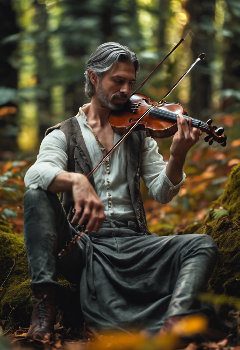 Silver-haired beautiful male nymph showing violin in magical forest