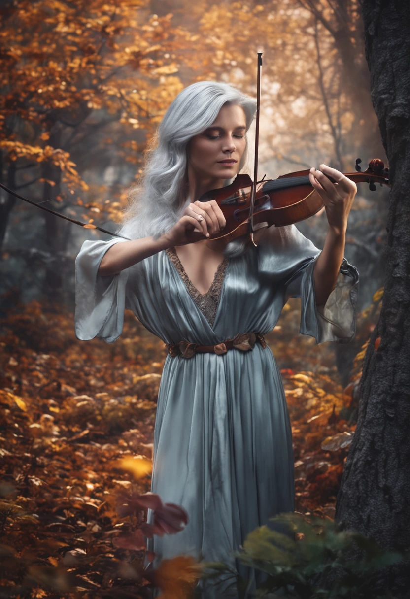 Silver-haired beautiful male nymph showing violin in magical forest