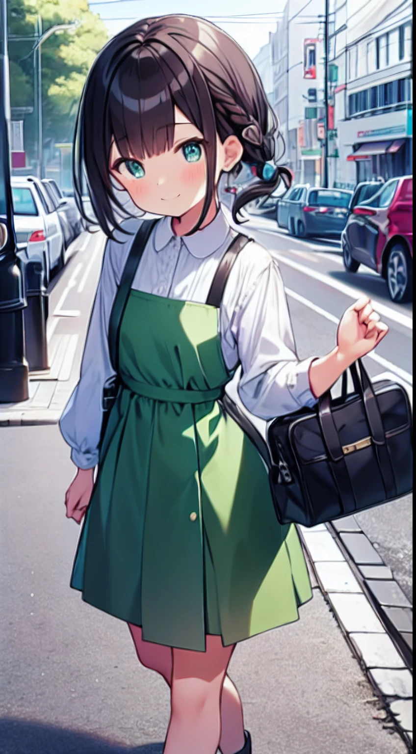 masutepiece, Best quality,illustration, the wallpaper, Ultra detail, 1girl in,Solo,Beautiful detailed eyes,Very thick contour lines、Medium and short hair、short, Braided hair、(Student clothes)、Dark hair color、A refreshing smile、Green leather bag cross-body,Walk next door、Kamimei、Overlooking angle:1.2、Small head
