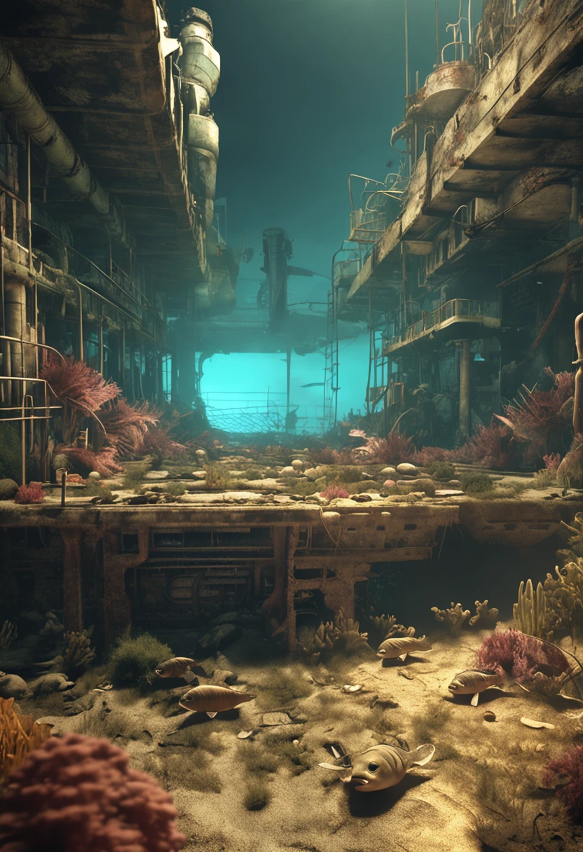 (Best quality), (Masterpiece), (Photorealistic), (Realistic), Very detailed, Unity 8k wallpaper, Very detailed CG, Ray traching, Sharp shadows, Great detail, Depth of field, Super detailed background, nuclear radiation,Deformed fish,fishbone,Contaminated seabed nuclear radiation Nuclear wastewater Anti-poison Detoxification Zombie ruins Nuclear sewage Discharge into the sea Marine pollution Marine animal mutation