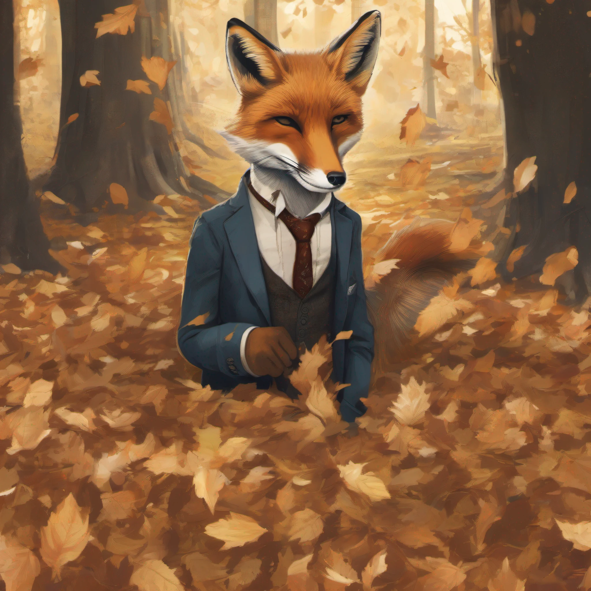 A deceptively simple and playful photographic composition capturing a charming fox who seems to be posing slyly amidst a bed of fallen autumn leaves. He is wearing a dapper suit. The crisp golden sunlight filtering through the dense canopy overhead casts dappled shadows upon his fur and creates a warm glow around him as he peeks coquettishly over one shoulder with a twinkle in his eye. The scene radiates whimsical charm and suggests a narrative of cunning mischievousness beneath its bucolic surface. The viewer is left wondering whether they should trust their own senses when faced with such beguiling guile hiding behind innocent appearances...