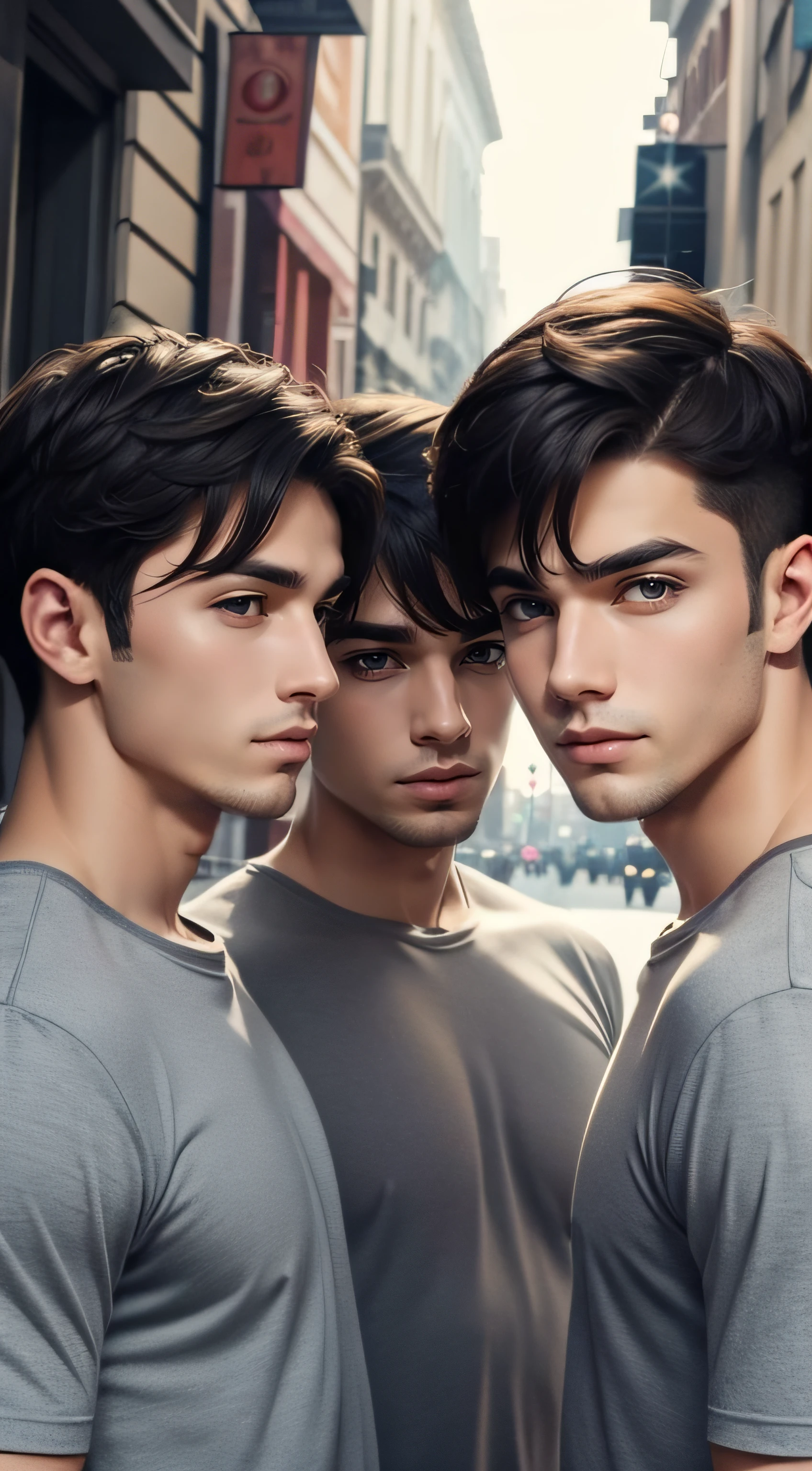 gorgeous young all male triplets with short dark hair
