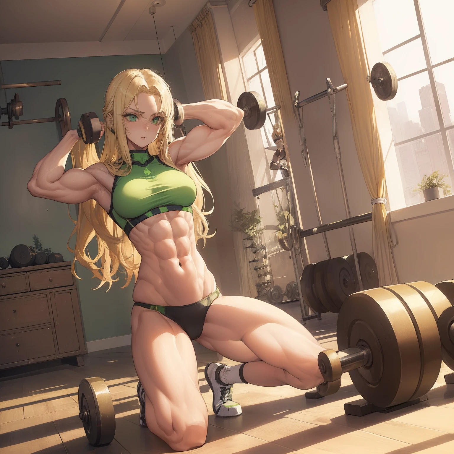 (1womanl:1.3).(20yr old).(Long blonde hair).(Green eyes).(The room where the dumbbells are located).(perspiring).(Muscle training).(abdominals).(Poses).(standingn).