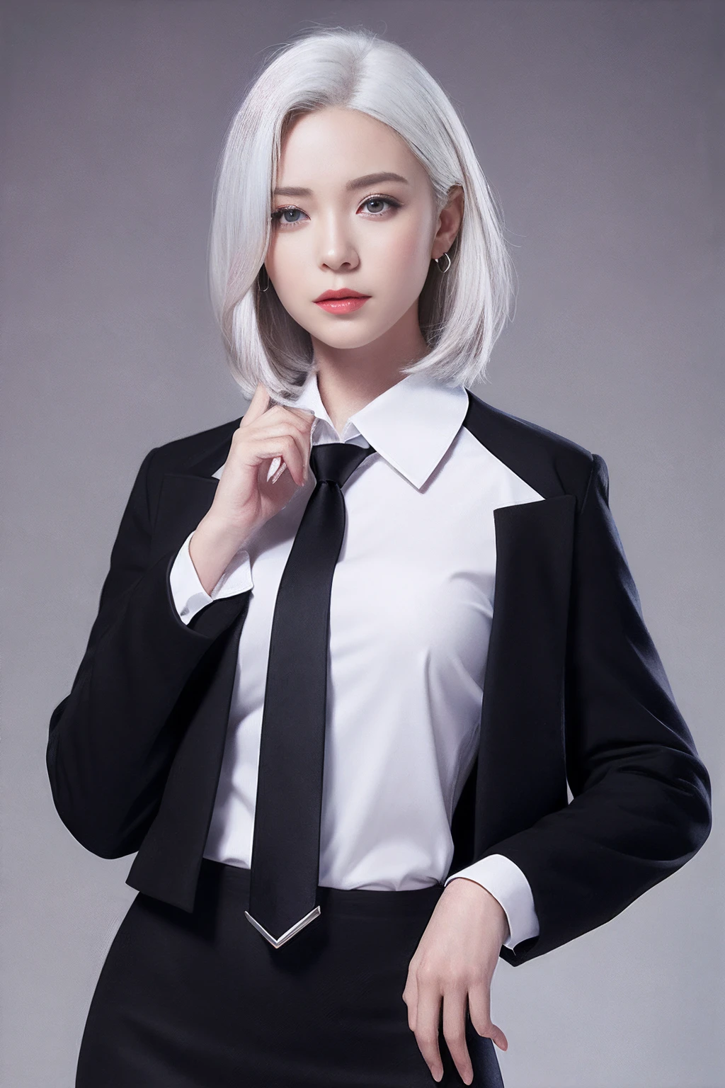 Photorealistic, high resolution, 1 Women, Hips up, Beautiful eyes, White hair, ringed eyes, Collared shirt,black necktie,Black skirt, pencil skirts, Fur coat