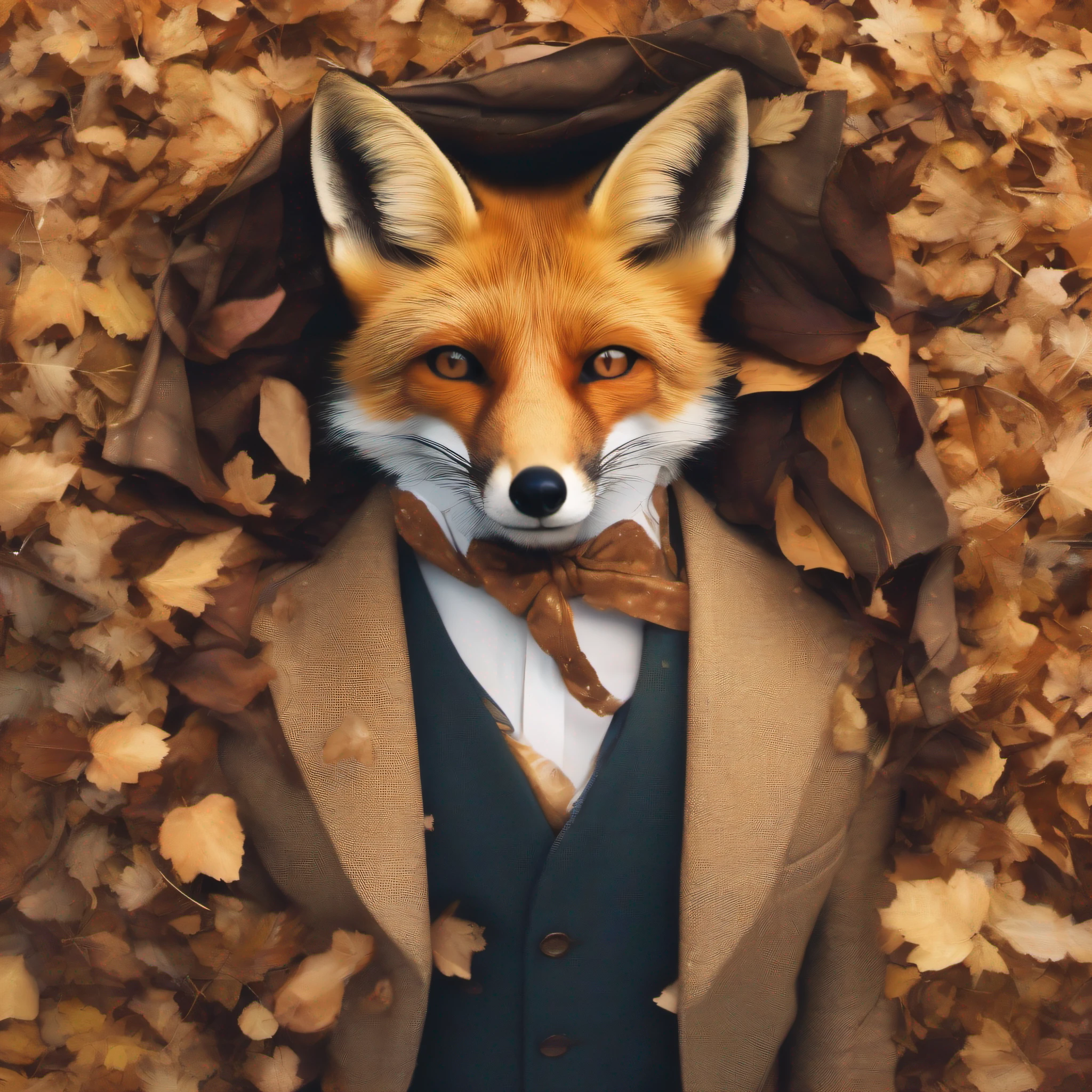 A deceptively simple and playful photographic composition capturing a charming fox who seems to be posing slyly amidst a bed of fallen autumn leaves. He is wearing a dapper suit. The crisp golden sunlight filtering through the dense canopy overhead casts dappled shadows upon his fur and creates a warm glow around him as he peeks coquettishly over one shoulder with a twinkle in his eye. The scene radiates whimsical charm and suggests a narrative of cunning mischievousness beneath its bucolic surface. The viewer is left wondering whether they should trust their own senses when faced with such beguiling guile hiding behind innocent appearances...