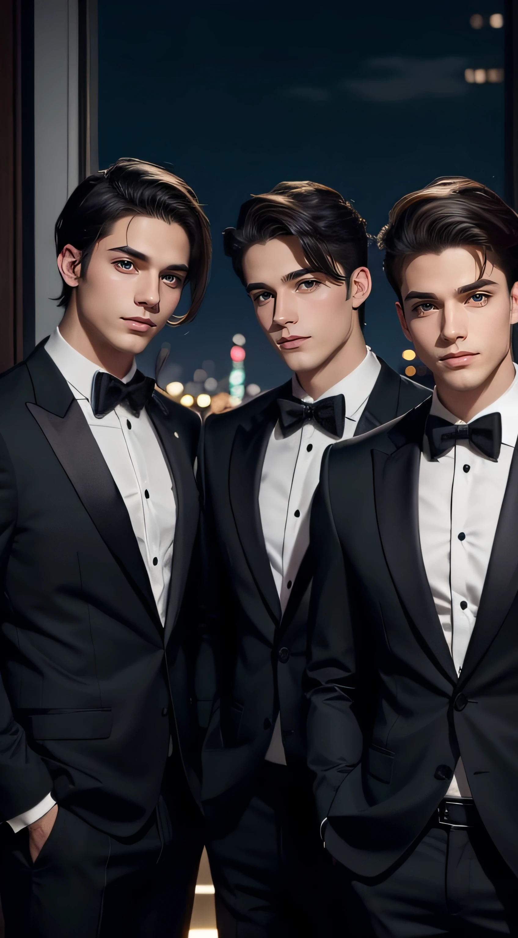 Three 25-year-old boys, with a masculine appearance, wearing a YELLOW suit. The scene depicts a masterpiece of art, showcasing the boy's professional and wealthy lifestyle. The image is of the best quality, with ultra-detailed features. The color tone is rich and vibrant ,masterpiece, ultra realistic, detailed face, detailed fingers