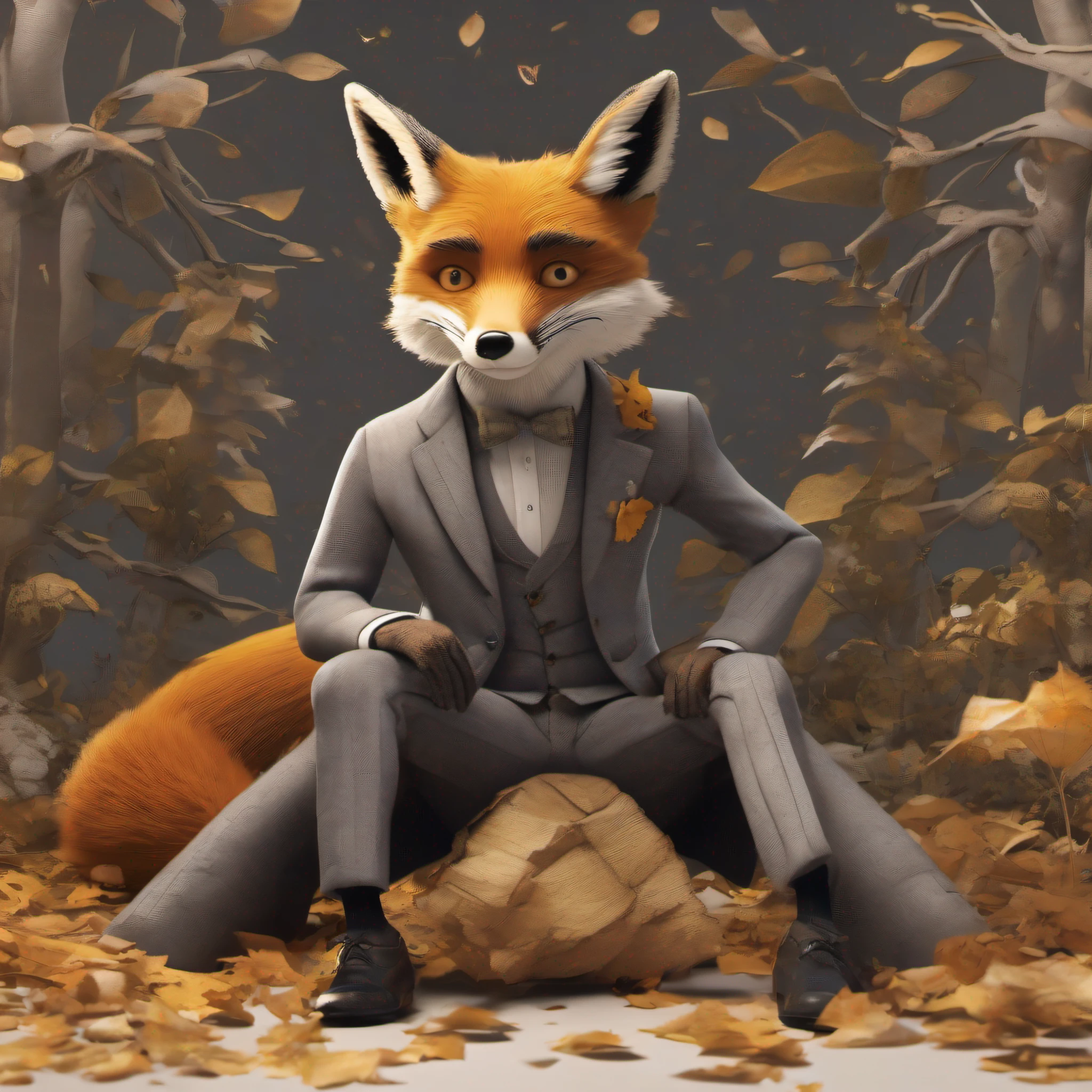 (Fox Wearing Suit) (Whimsical Portrait Photography): A mischievous red fox, dressed elegantly in a tailored grey suit complete with pocket square and bow tie, playfully reclining amongst falling leaves under a golden sunbeam casting dappled shadows across the forest floor. His piercing amber gaze meets yours as he confidently balances himself gracefully on all fours, each tufted ear tilted curiously and hinting at hidden secrets within a storybook adventure unfolding just beyond viewfinder reach... Could this be none other than the Fantastic Mr. Fox himself? As always, let curiosity guide your quest and find out for yourself who exactly lies beneath such a suave disguise - why settle for ordinary tales when there's a chance a fantastical odyssey may lie just beyond this frame waiting to be discovered by those brave enough to investigate further? This visual concept involves complex integration of both CGI modeling and photorealistic digital compositing.